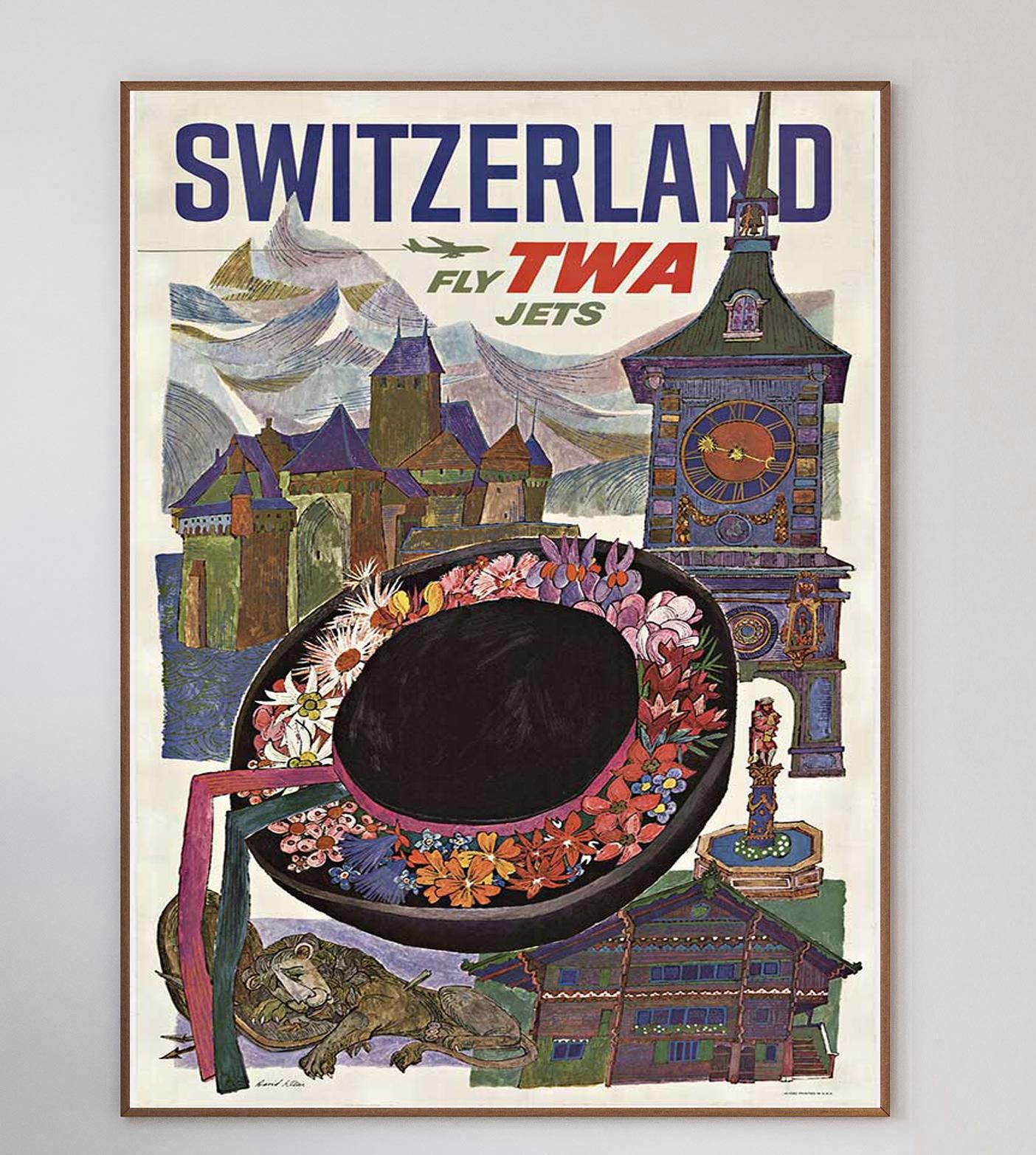 This poster was created in 1960 for Howard Hughes' Trans World Airlines promoting their routes to Switzerland from the USA. Illustrated by influential American artist David Klein, this design features landmarks that you would hope to see on a trip