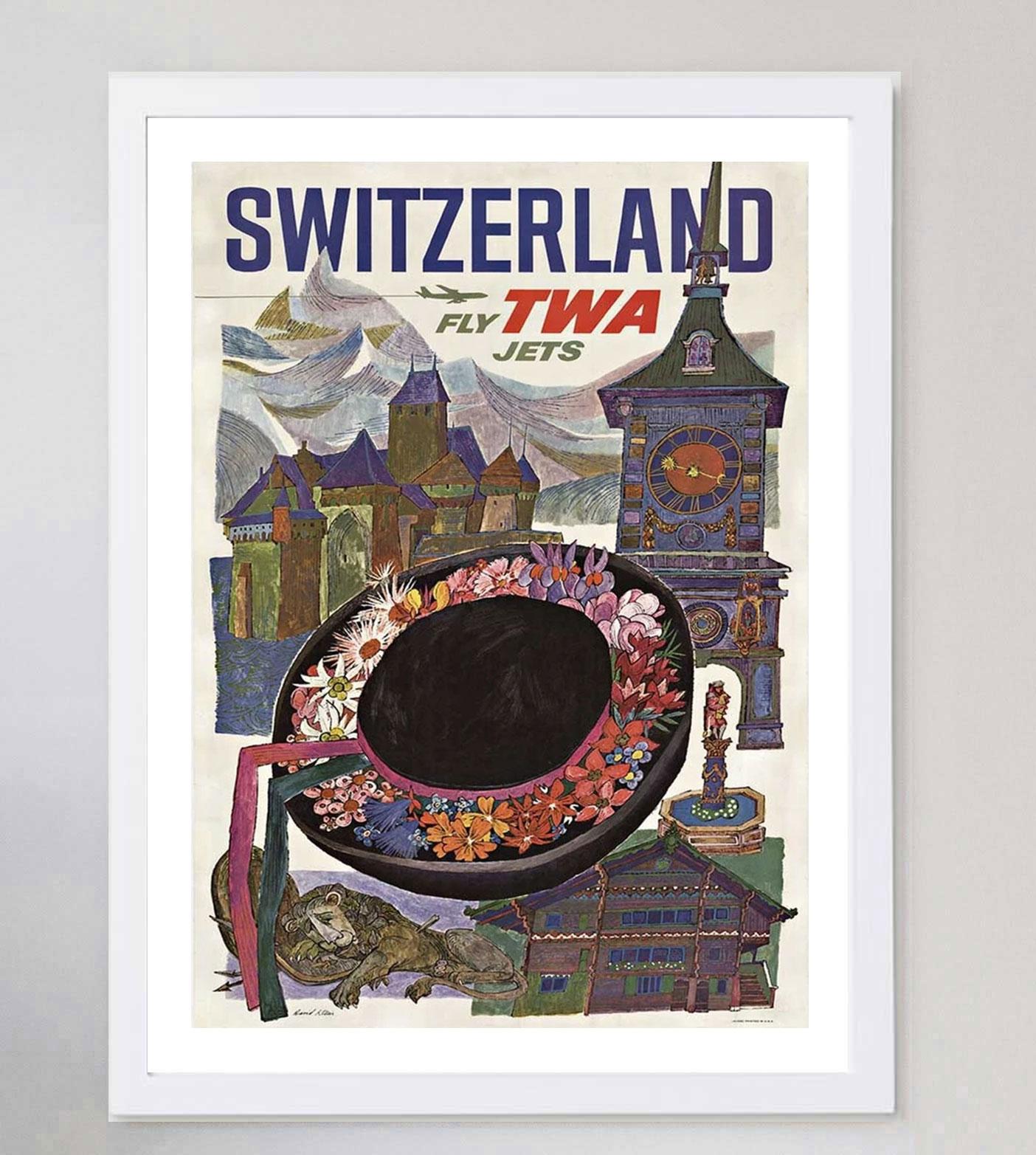 1960 TWA - Switzerland Original Vintage Poster In Good Condition For Sale In Winchester, GB