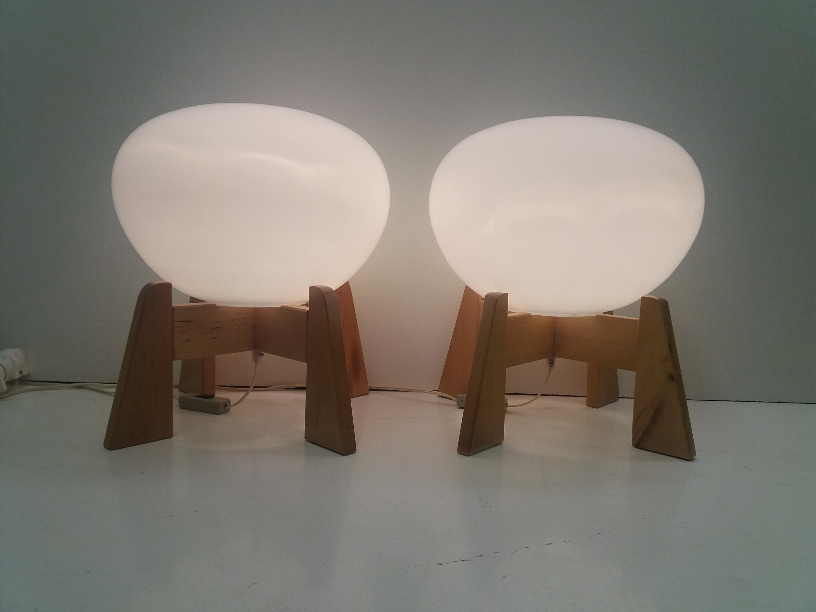 - 2 Pieces of design wooden lamps
- Good original condition
- Wood base, white frosted opal glass shade
- Production - Headquarters of Folk Art production ULUV.