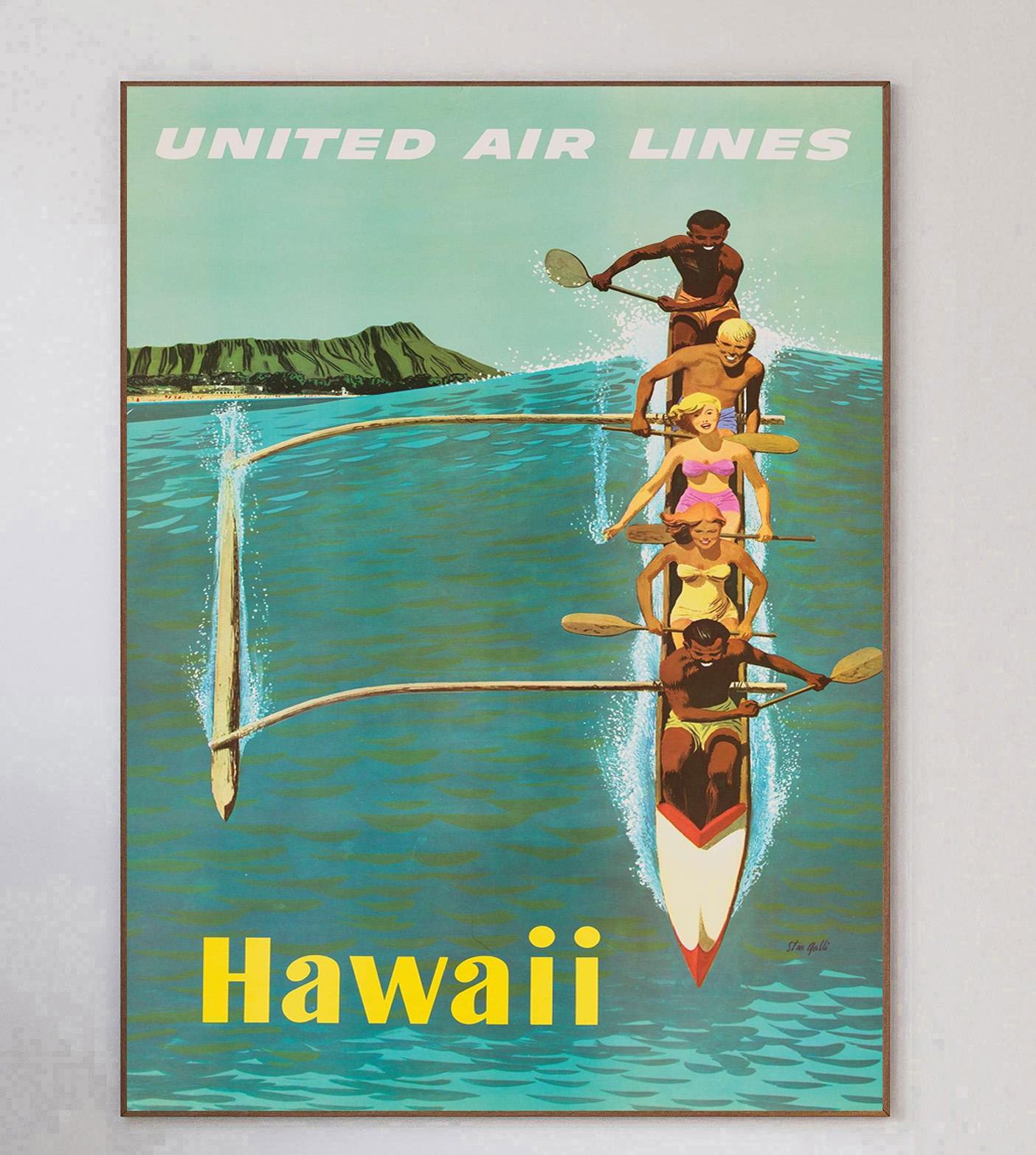 With artwork from the great poster designer and illustrator Stan Galli, this stunning and rare poster from 1960 promotes United Airlines routes to Hawaii. Depicting a happy group rowing an outrigger canoe through wavy seas, this mid century marvel
