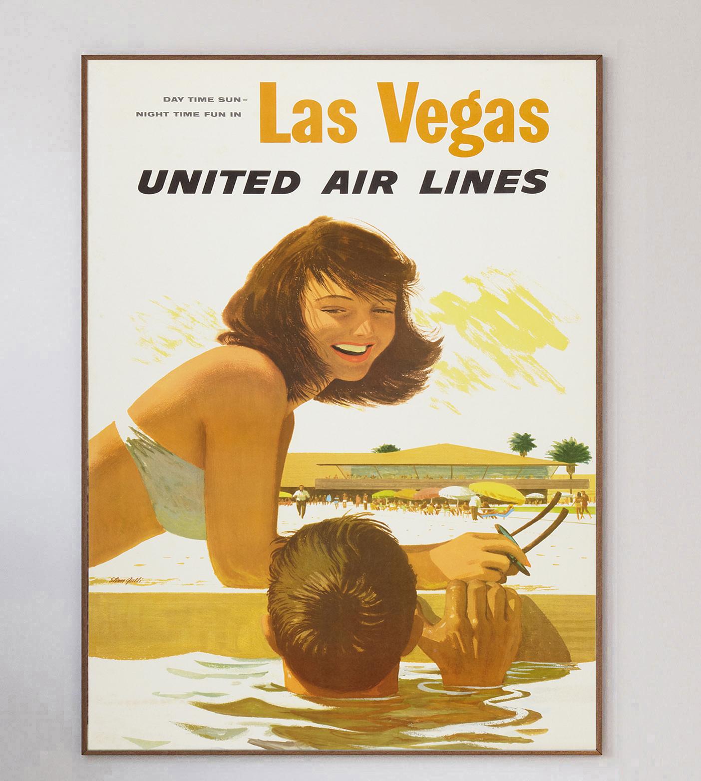 Dieses atemberaubende und seltene Plakat aus dem Jahr 1960 wurde von dem großen Plakatdesigner und Illustrator Stan Galli gestaltet und wirbt für die Flugrouten der United Airlines nach Las Vegas. Dieses wunderbare Design, das ein Paar beim