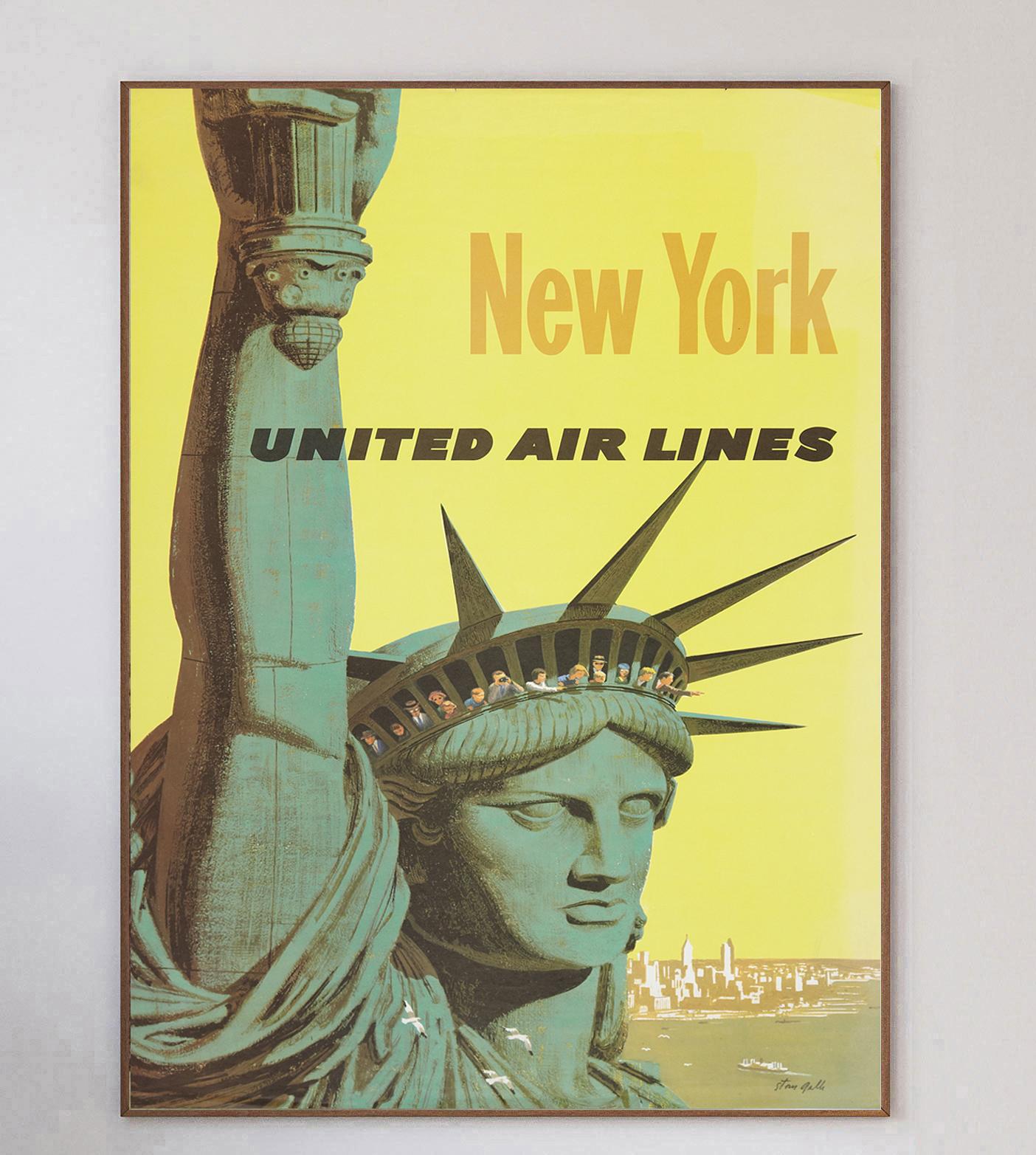 With artwork from the great poster designer and illustrator Stan Galli, this stunning and rare poster from 1960 promotes United Airlines routes to Las Vegas. Depicting the Statue of Liberty in a colourful scene, this wonderful design is typical of