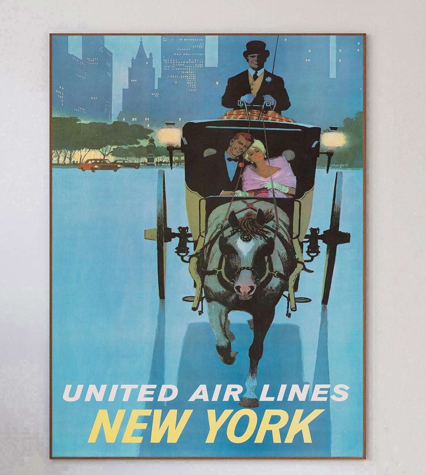 Dieses atemberaubende und seltene Plakat aus dem Jahr 1960 wurde von dem großen Plakatdesigner und Illustrator Stan Galli gestaltet und wirbt für die Flugrouten der United Airlines nach New York. Dieses Wunderwerk aus der Mitte des Jahrhunderts