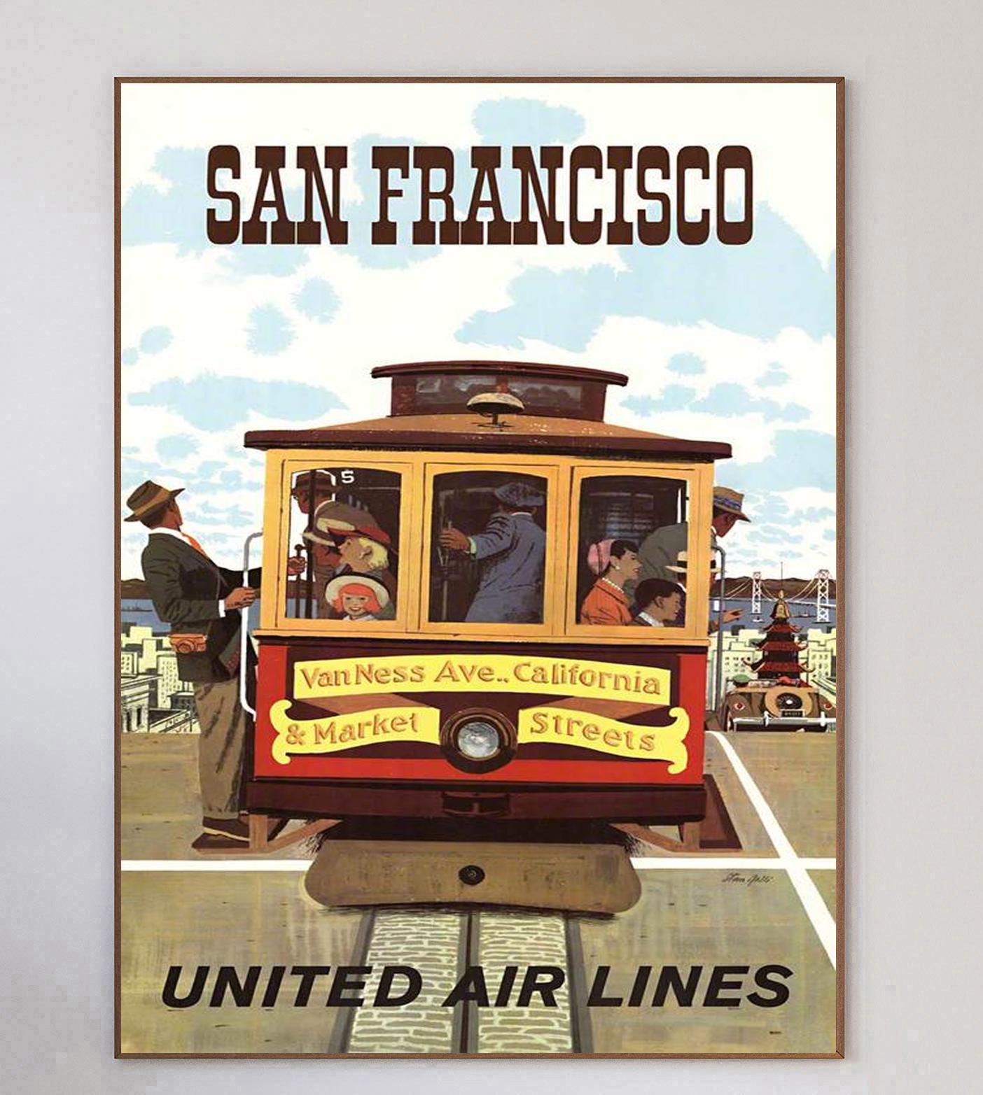 Dieses atemberaubende und seltene Plakat aus dem Jahr 1960 wurde von dem großen Plakatdesigner und Illustrator Stan Galli gestaltet und wirbt für die Flugrouten der United Airlines nach San Francisco. Der Entwurf zeigt die ikonische Straßenbahn von