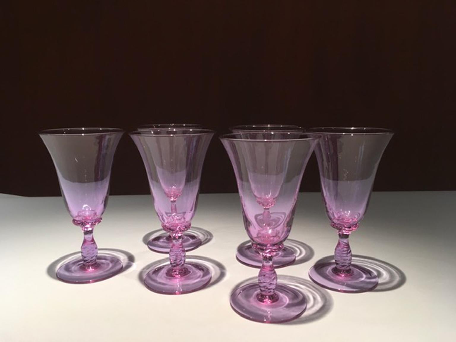 Italia Venezia Mediados de Siglo Juego de 6 Vasos de Cristal Soplado de Murano Morado Moderno de mediados de siglo en venta
