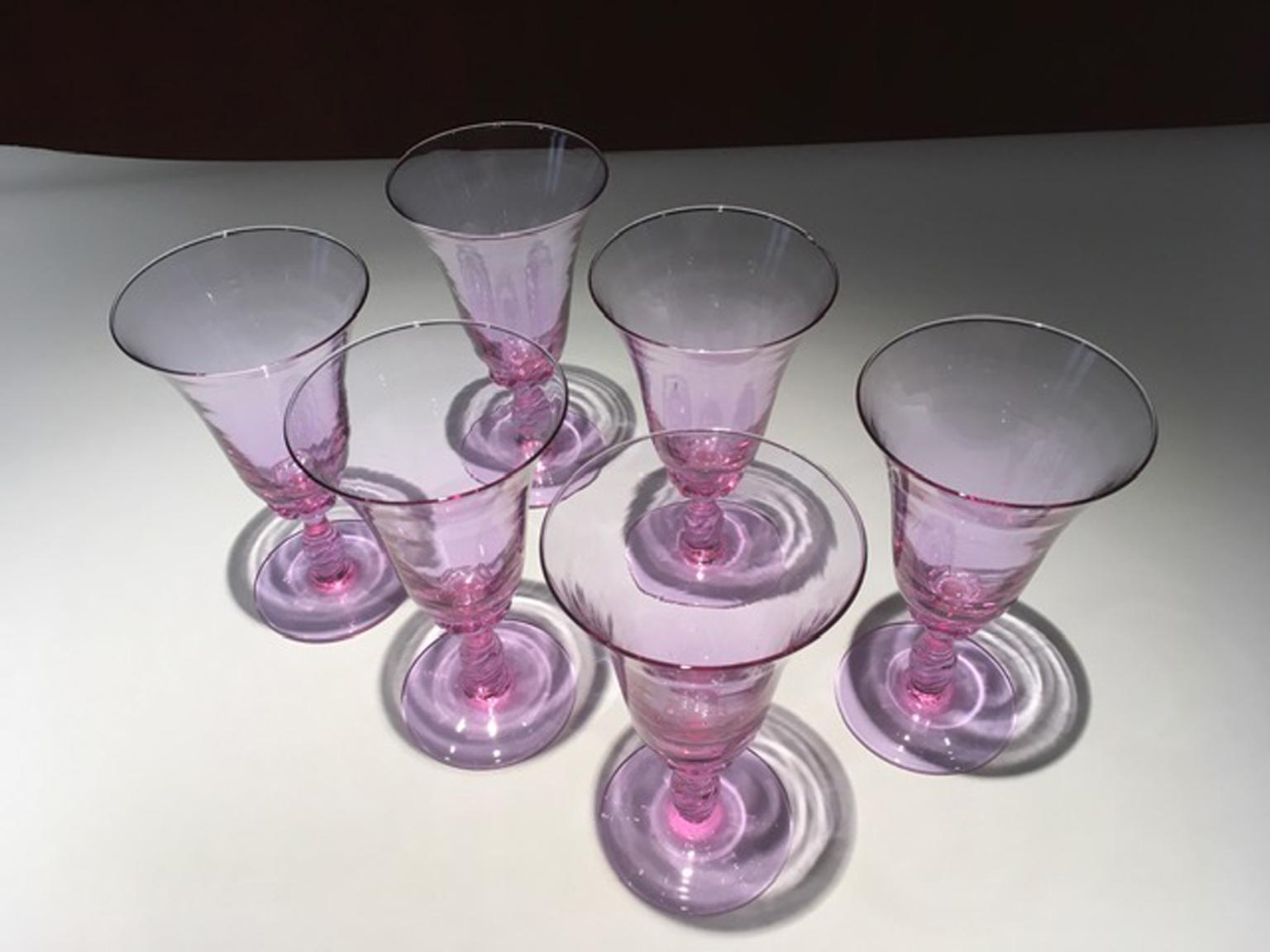Italia Venezia Mediados de Siglo Juego de 6 Vasos de Cristal Soplado de Murano Morado Italiano en venta