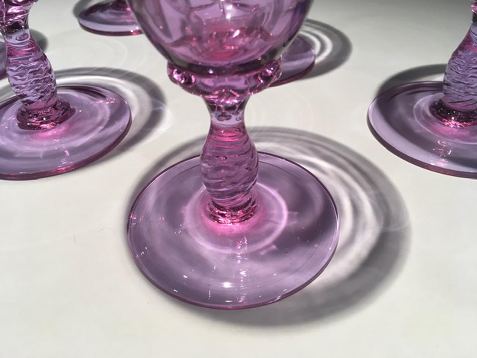 Mid-Century Modern Post Modern 1960 Venice Italy Set 6 Murano Purple Glasses Blown Glass For Sale