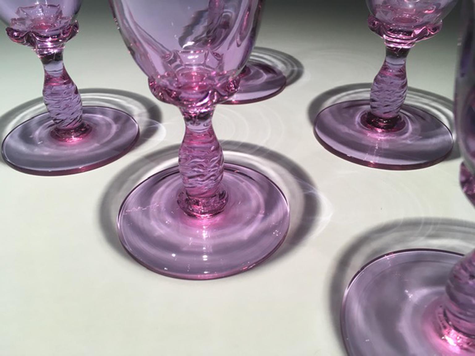 Italian Post Modern 1960 Venice Italy Set 6 Murano Purple Glasses Blown Glass For Sale