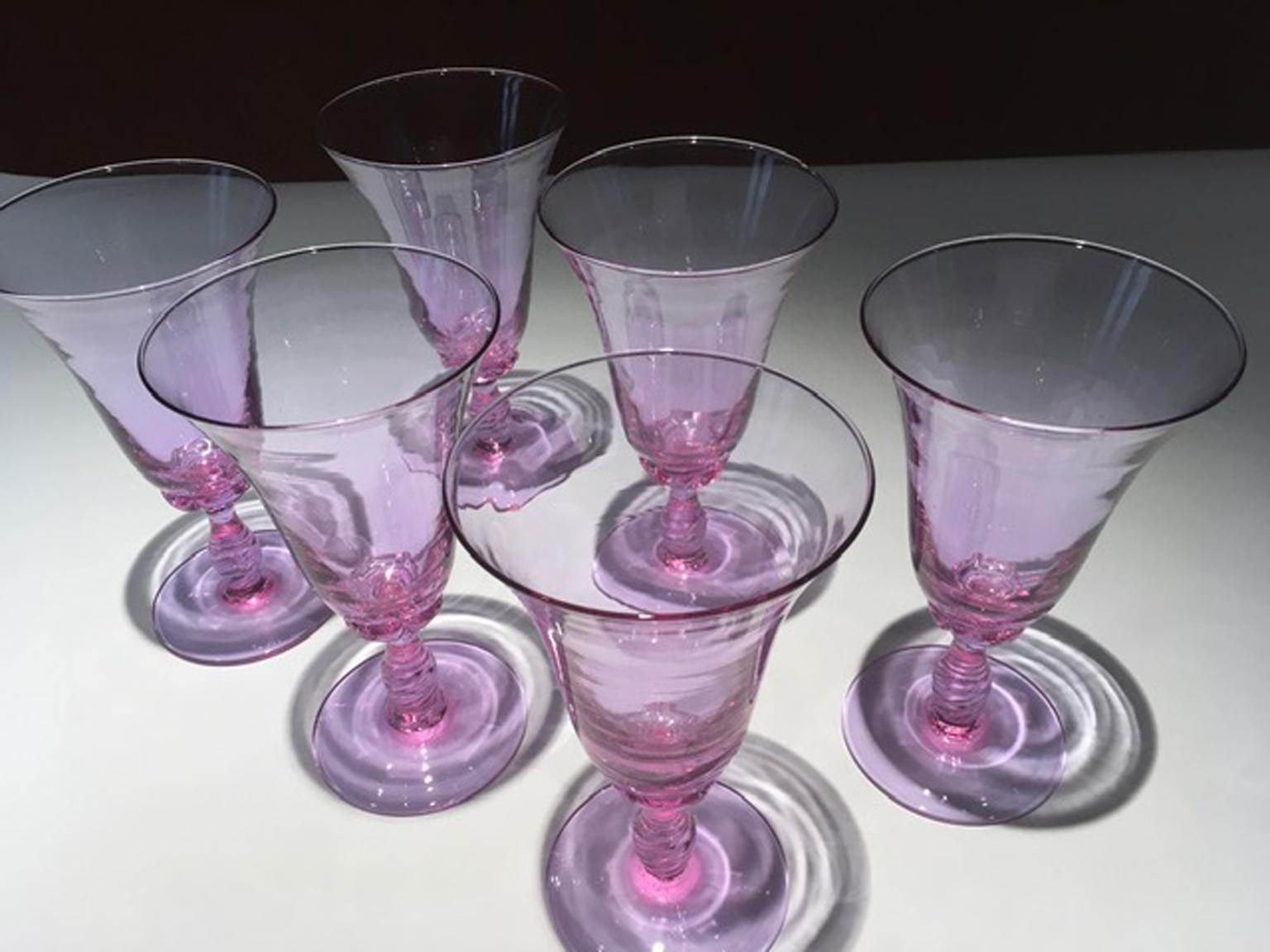 Hand-Crafted Post Modern 1960 Venice Italy Set 6 Murano Purple Glasses Blown Glass For Sale