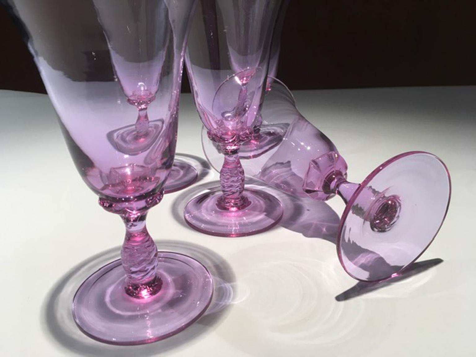 Post Modern 1960 Venice Italy Set 6 Murano Purple Glasses Blown Glass In Good Condition For Sale In Brescia, IT