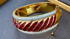 1960 Vintage 16 Ct Burma Ruby & 6 Ct Diamonds 18 Kt Yellow Gold 109 Grams Bangle