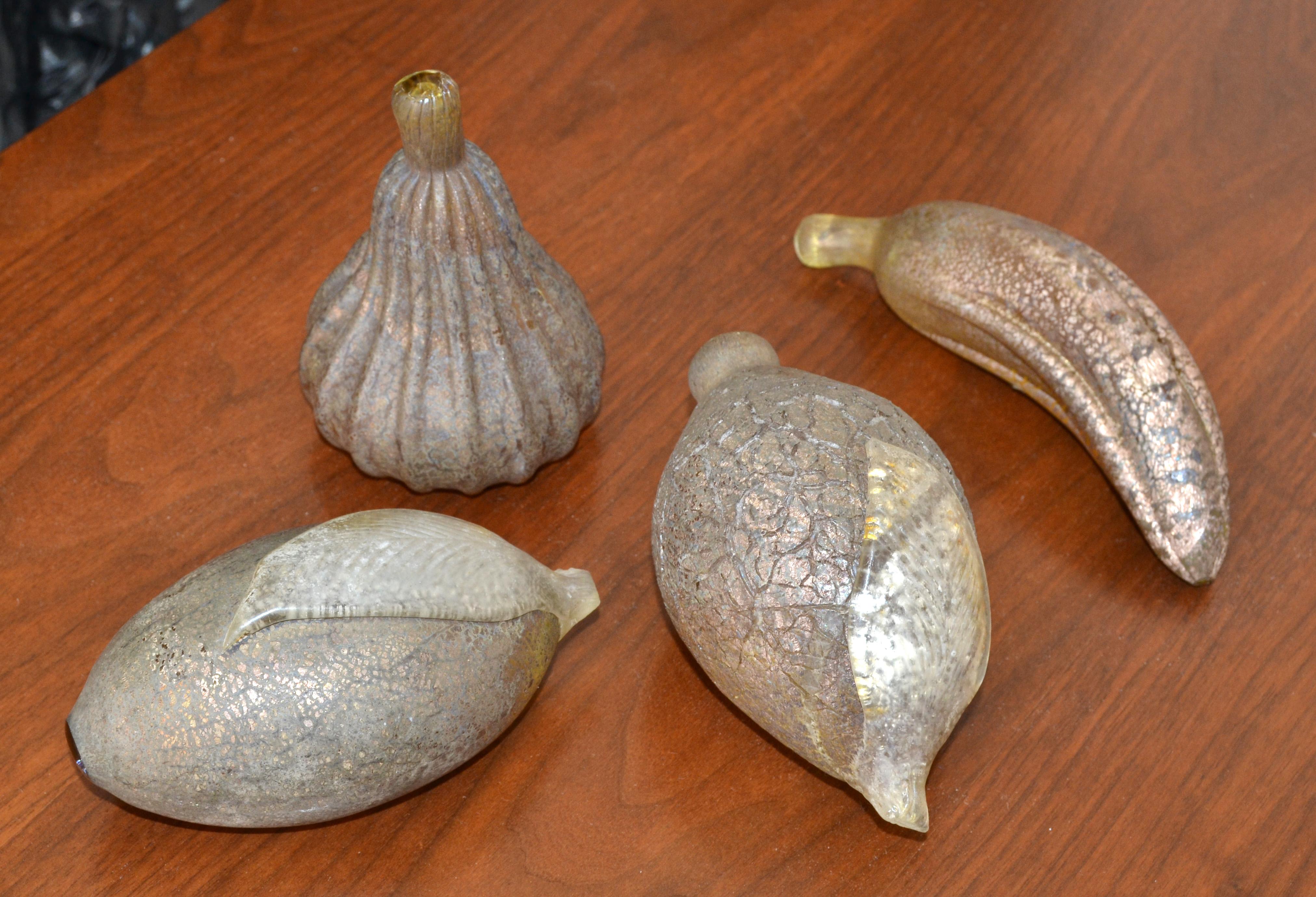 Hand-Crafted 1960 Vintage Italian Frosted Bronze Finish Blown Murano Art Glass Set 4 Fruits  For Sale