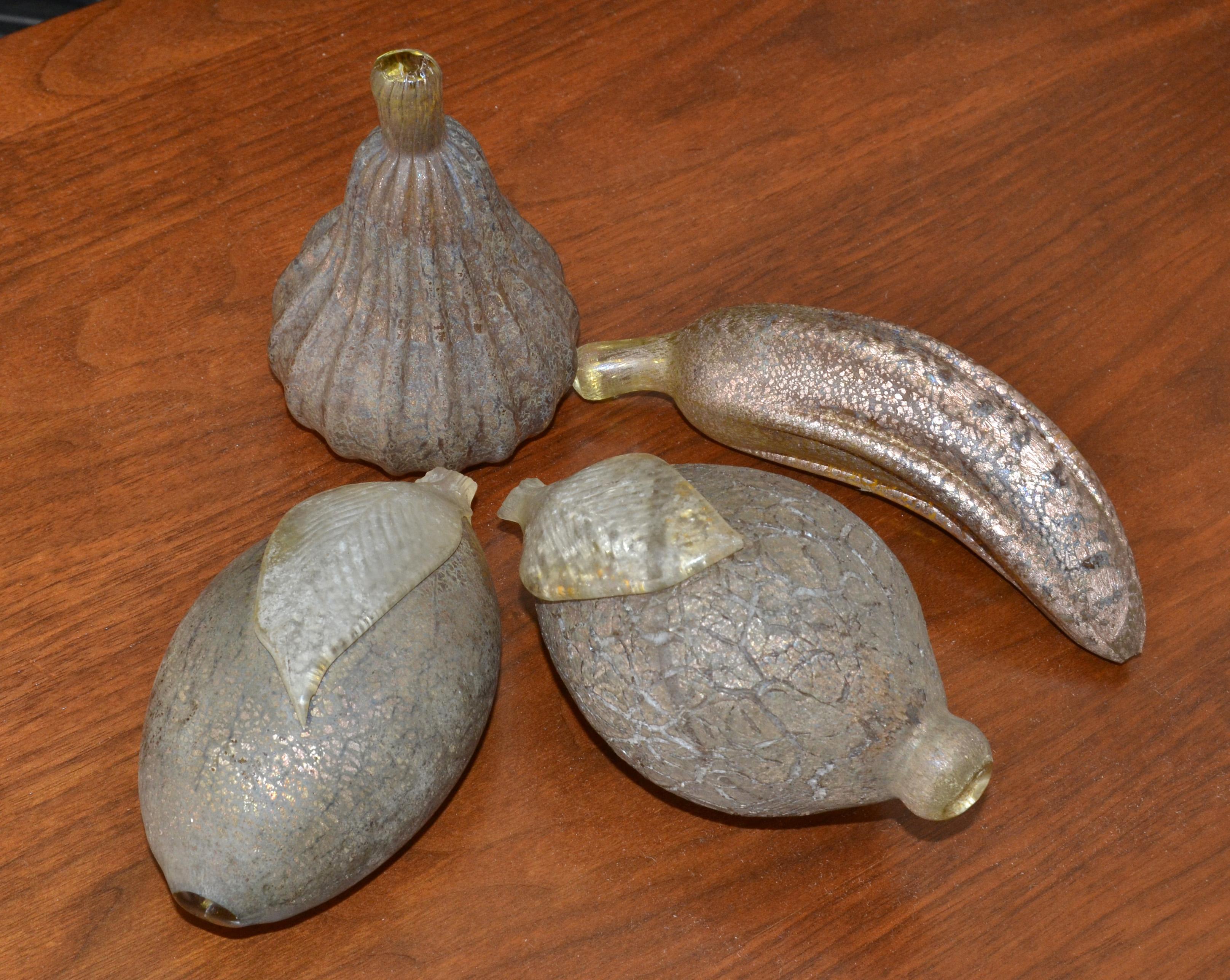 1960 Vintage Italian Frosted Bronze Finish Blown Murano Art Glass Set 4 Fruits  In Good Condition For Sale In Miami, FL