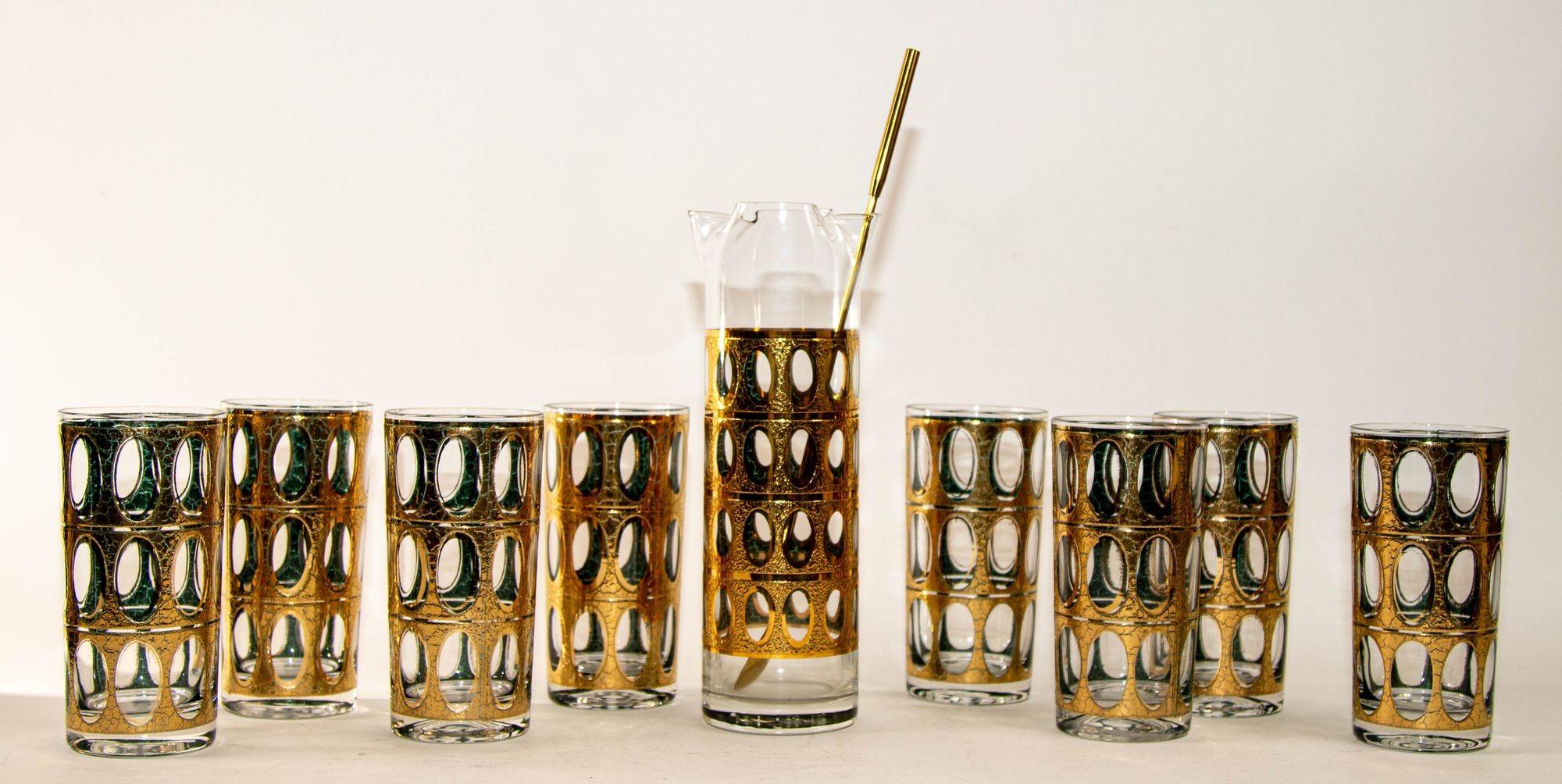 1960 Vintage Mid- Century Culver Pisa Barware Pitcher and 8 Cocktail Glasses Set 12