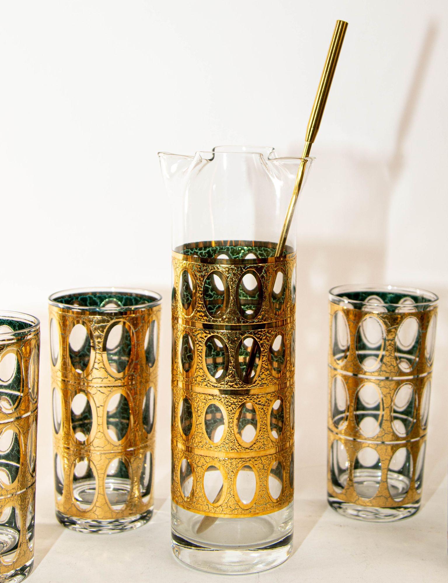 Hollywood Regency 1960 Vintage Mid- Century Culver Pisa Barware Pitcher and 8 Cocktail Glasses Set