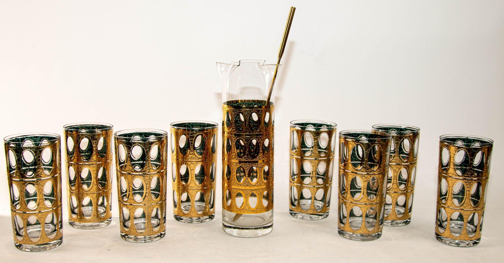 1960 Vintage Mid- Century Culver Pisa Barware Pitcher and 8 Cocktail Glasses Set 1