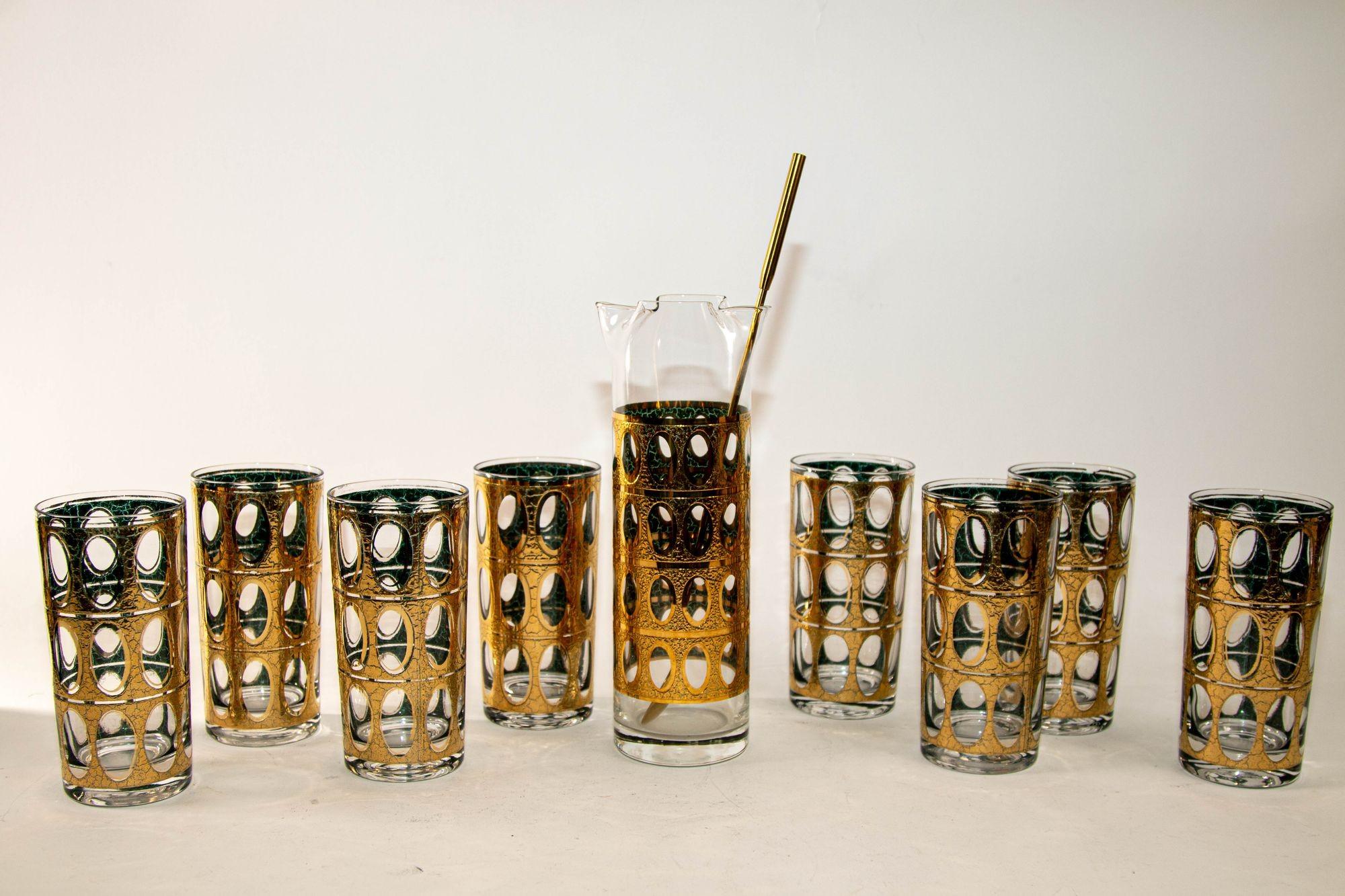 1960 Vintage Mid- Century Culver Pisa Barware Pitcher and 8 Cocktail Glasses Set 2