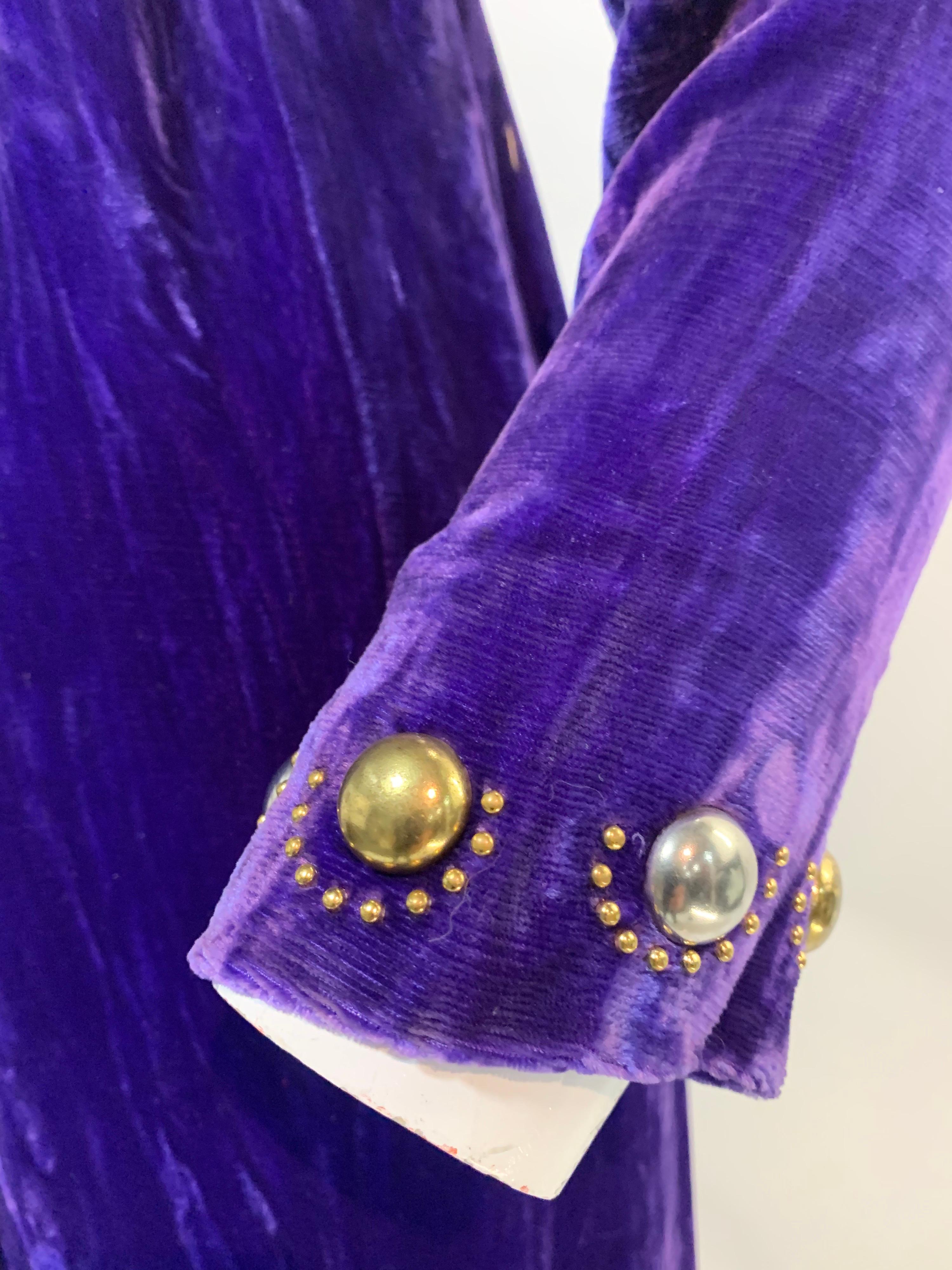1960 Vivid Purple Velvet Jumpsuit w/ Gold & Silver Mod Metal Stud Embellishments For Sale 2