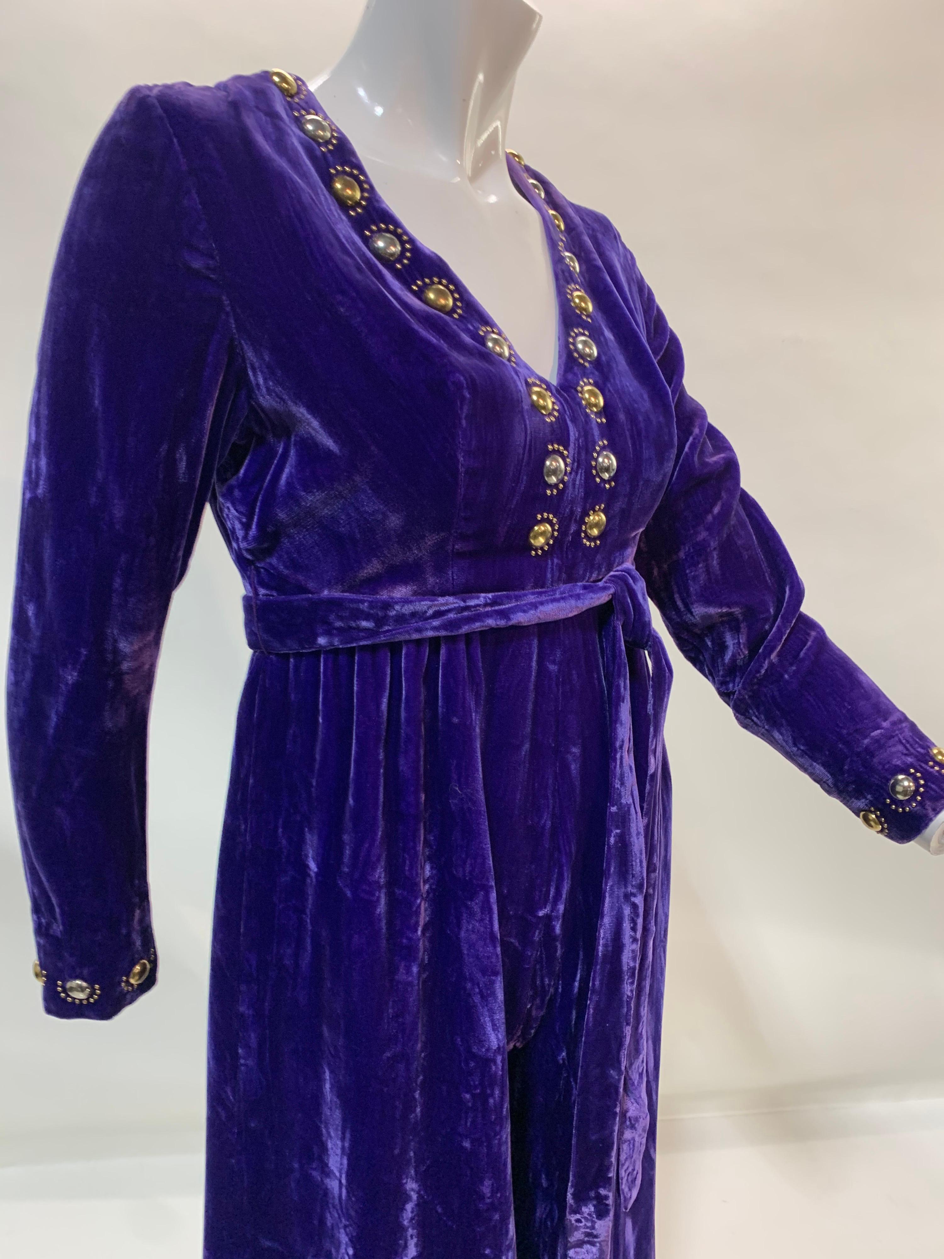 1960 Vivid Purple Velvet Jumpsuit w/ Gold & Silver Mod Metal Stud Embellishments For Sale 6
