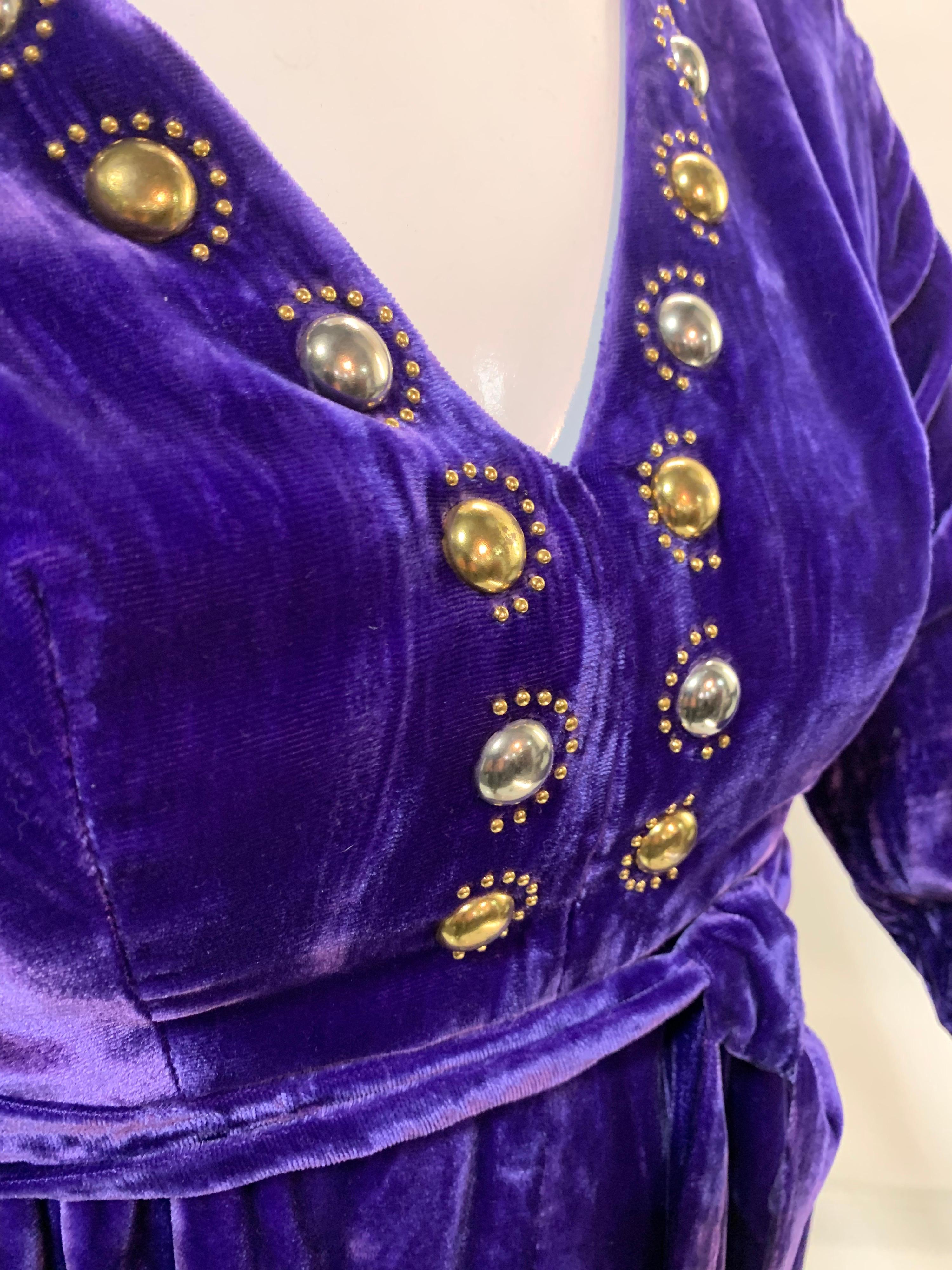 1960 Vivid Purple Velvet Jumpsuit w/ Gold & Silver Mod Metal Stud Embellishments For Sale 8