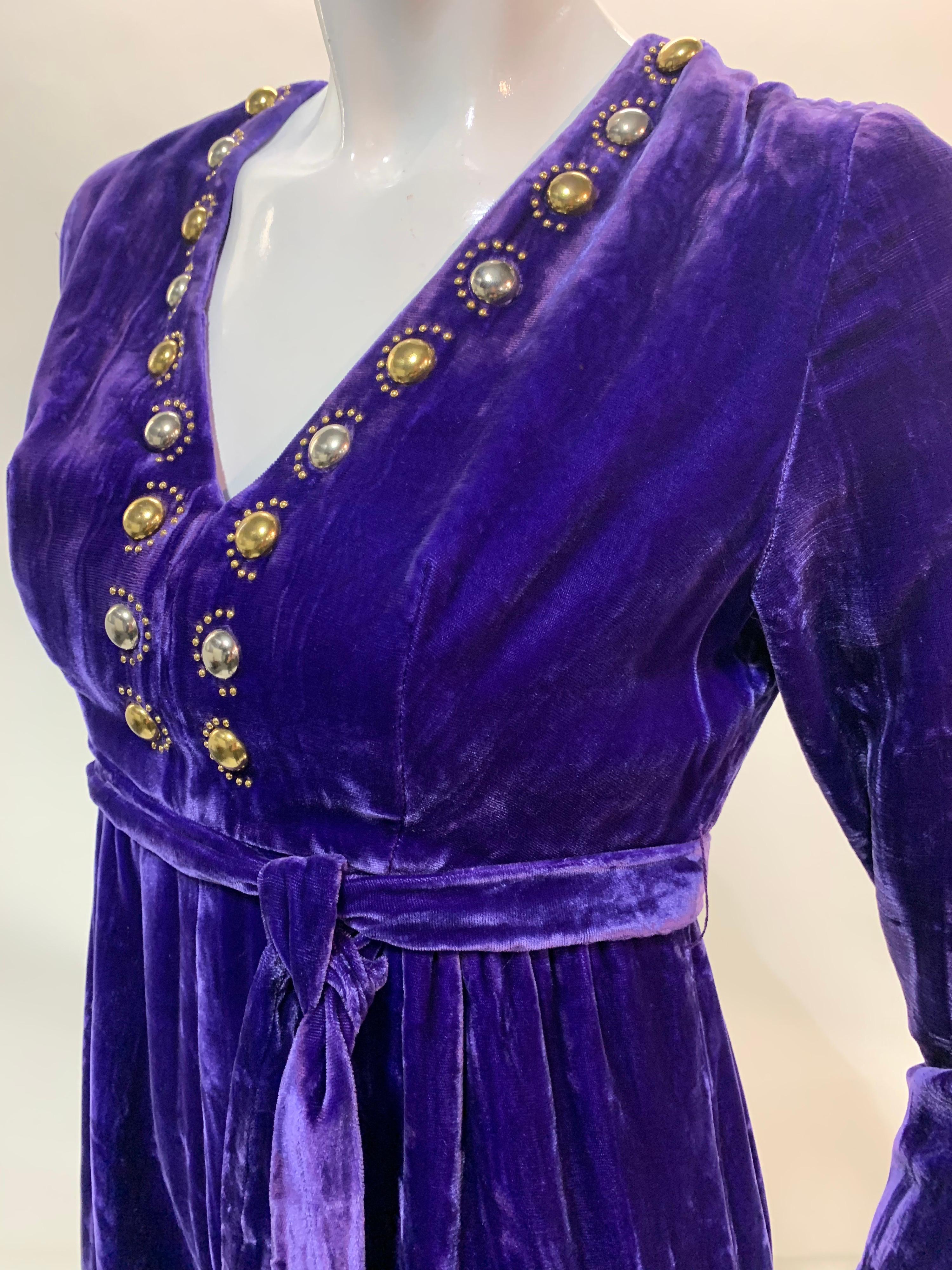 1960 Vivid Purple Velvet Jumpsuit w/ Gold & Silver Mod Metal Stud Embellishments For Sale 9