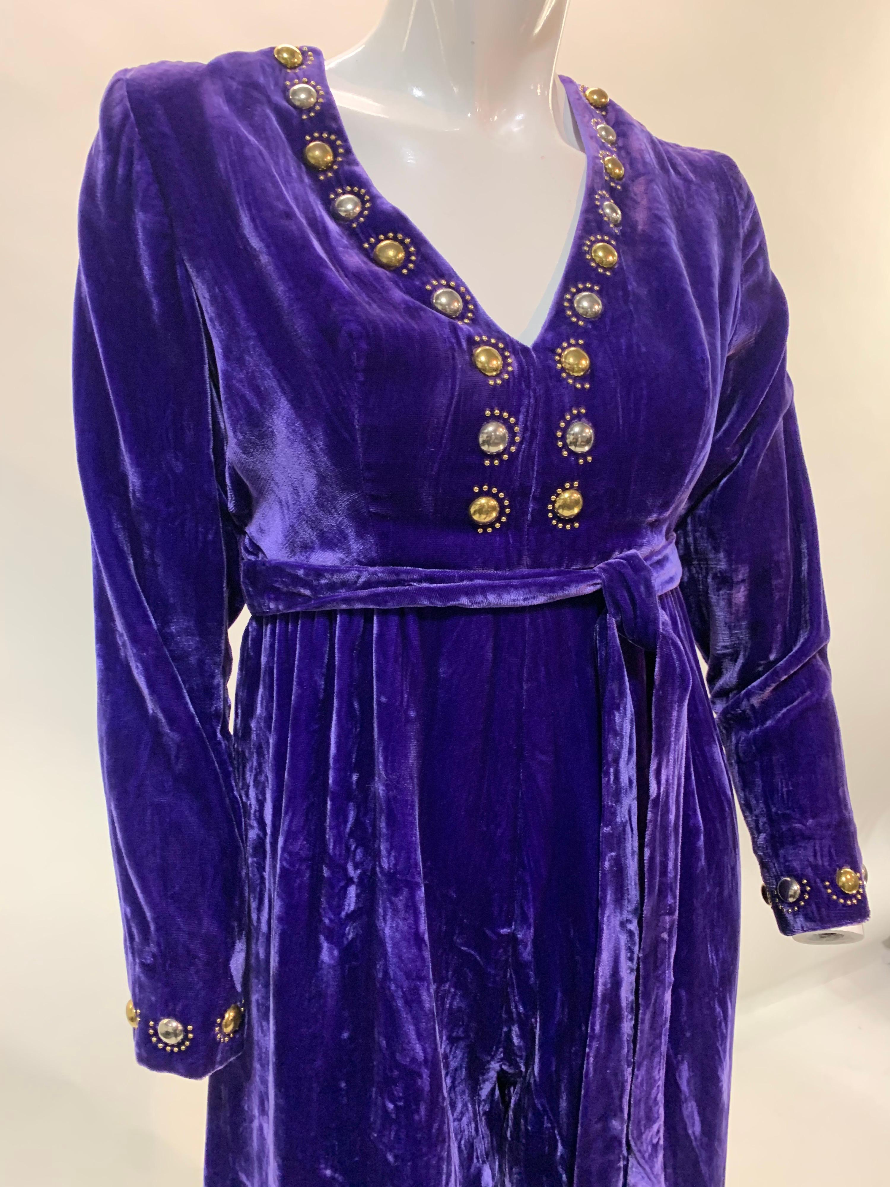 1960 Vivid Purple Velvet Jumpsuit w/ Gold & Silver Mod Metal Stud Embellishments In Good Condition For Sale In Gresham, OR