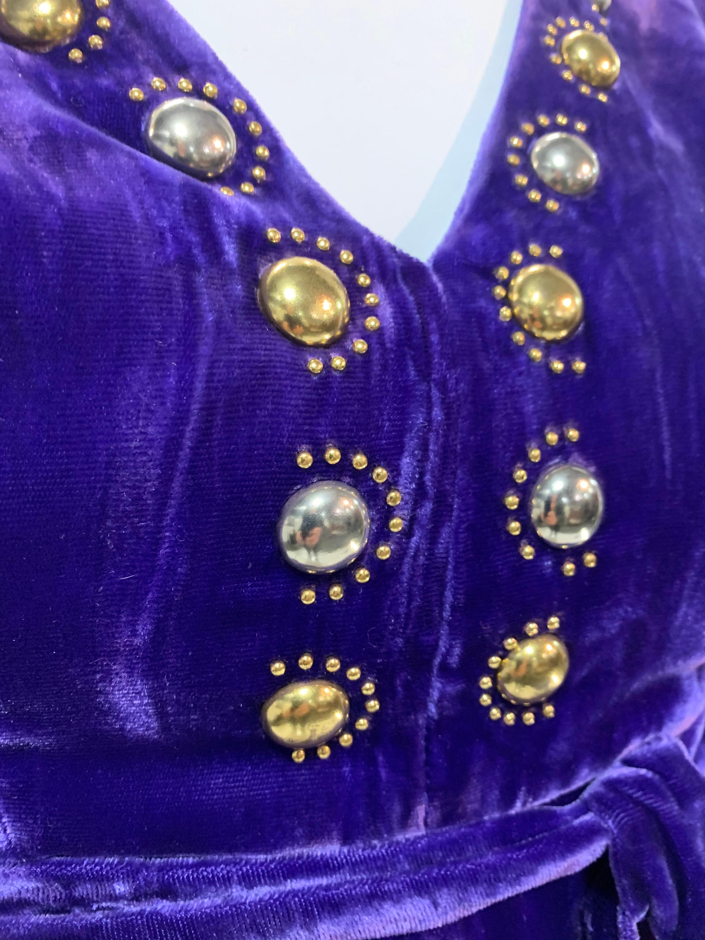1960 Vivid Purple Velvet Jumpsuit w/ Gold & Silver Mod Metal Stud Embellishments For Sale 1