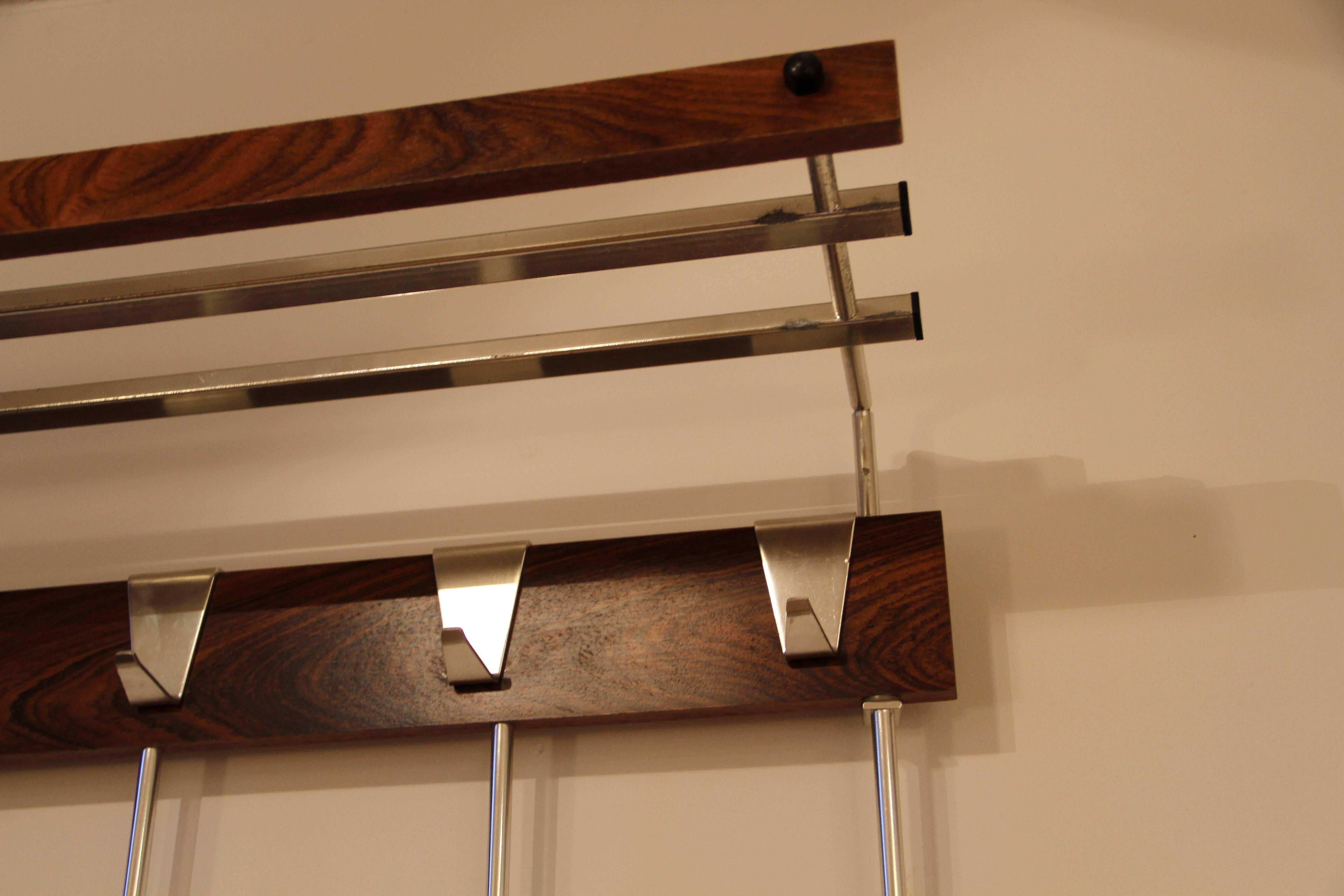 Mid-Century Modern 1960 Wall Coat Rack Palisander and Aluminium For Sale