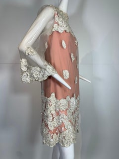 1960 Werle Nude Illusion & Silver Metallic Floral Ribbon Embroidery Mod Dress