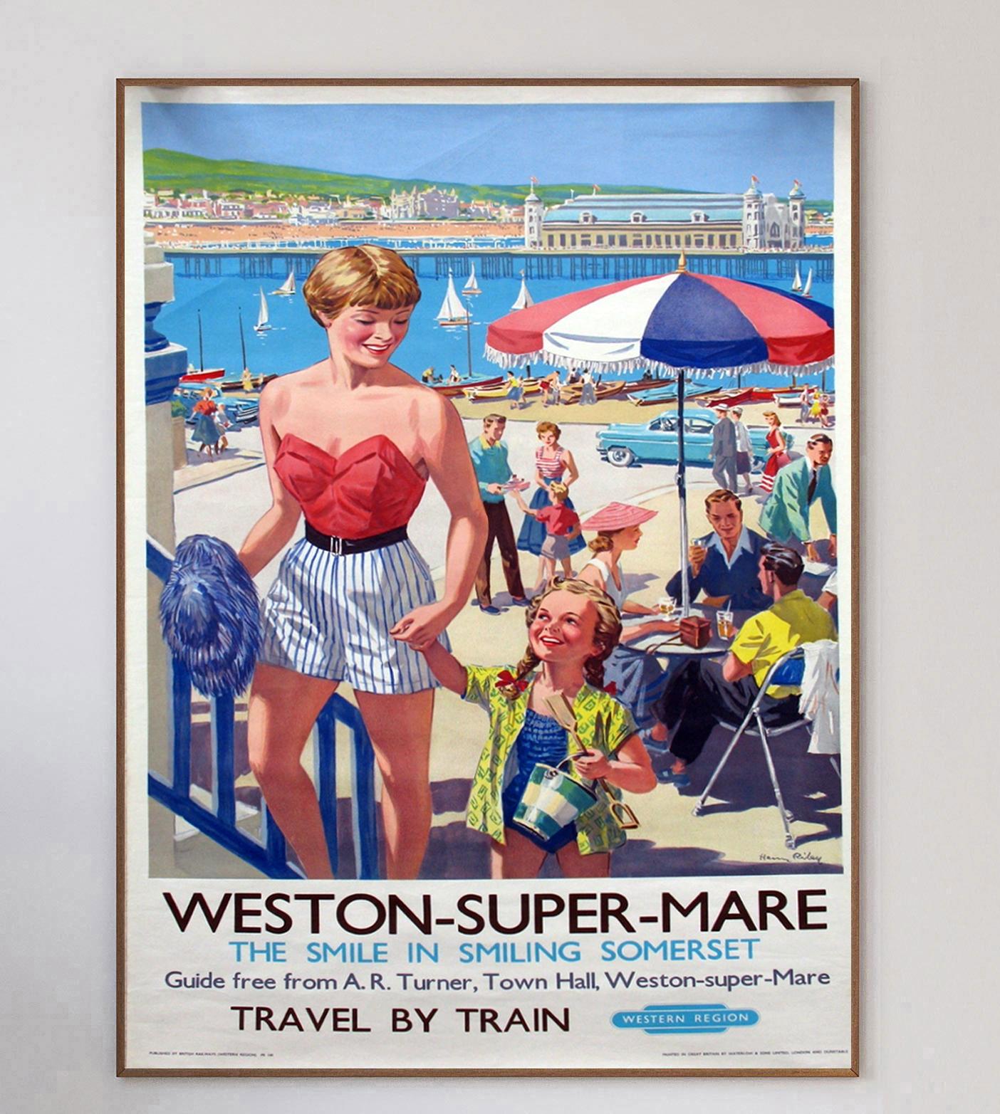 This stunning and rare poster for British Railways was created in 1960 to promote their routes to Weston-Super-Mare in Somerset, England. With artwork by Harry Arthur Riley (1895-1966) depicting a happy mother and daughter walking up from the Weston