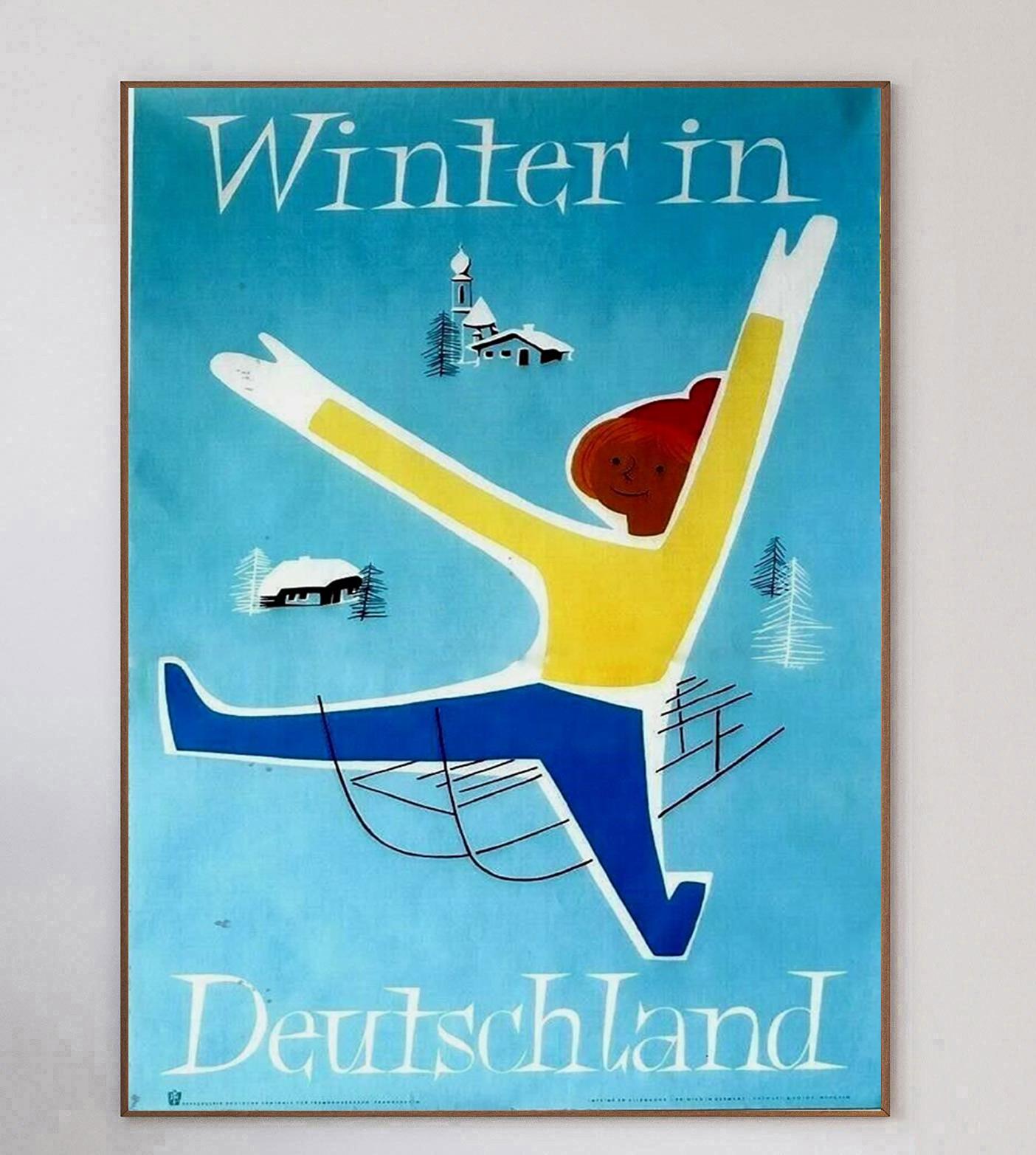 With charming artwork by G. Hotop depicting a person joyfully enjoying the snow on a sledge, this wonderful mid century modern poster was created to promote tourists and visitors to visit Germany. 

Produced in 1960 and reading 