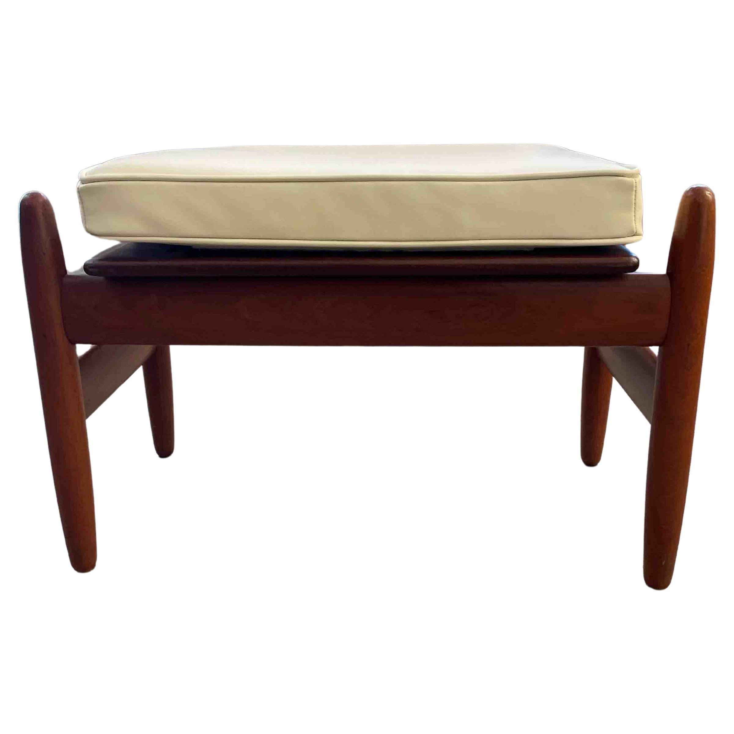 1960 Wooden Pouf With White Leather Cushion Danish Design 62x38x H40.5 cm