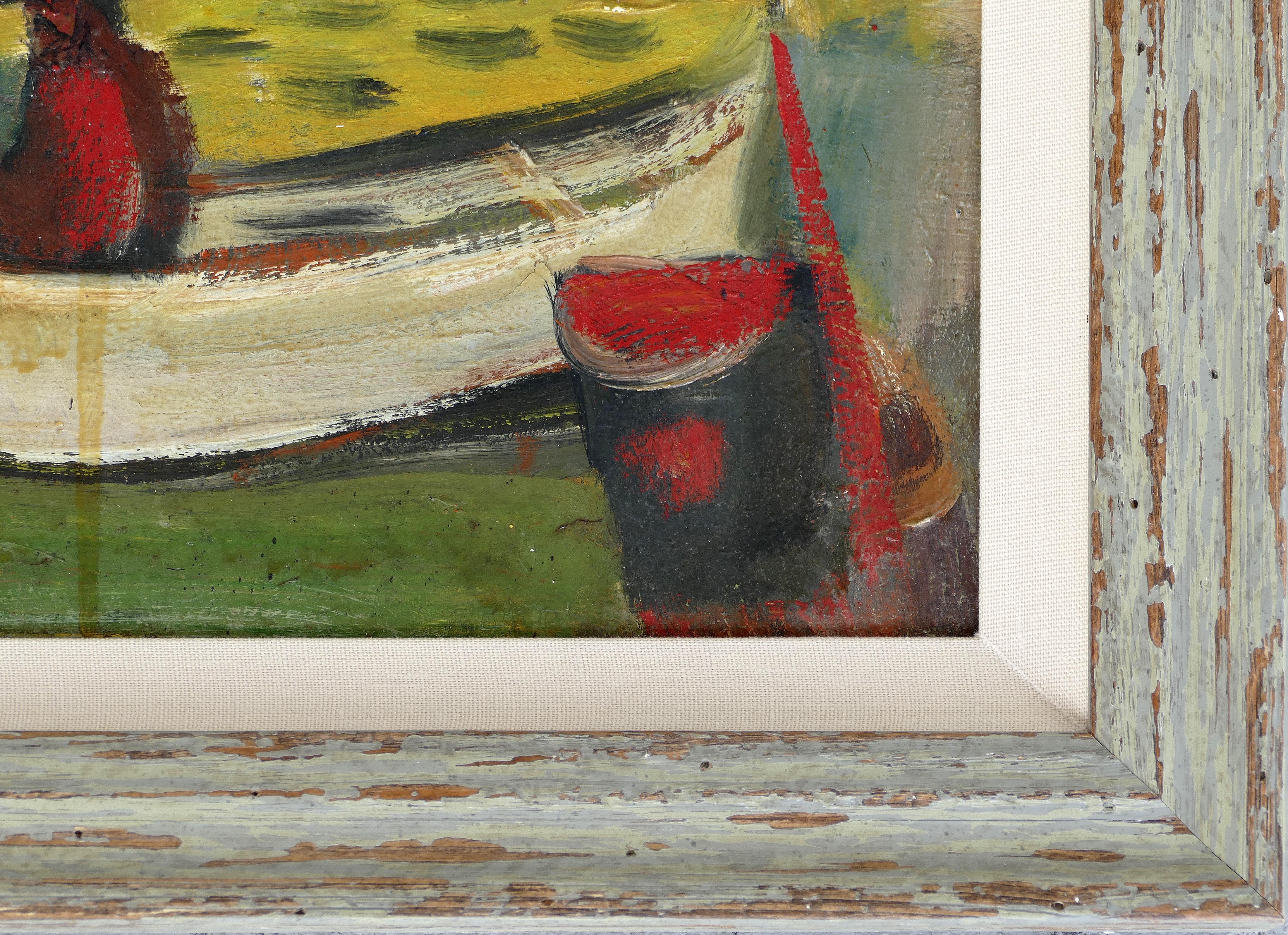 1960 WPA style fishing boatyard oil painting

Offered is a 1960 WPA style boatyard oil painting on panel executed with bold brushwork in an evocative composition. The painting has recently been reframed with cerused wood and a linen liner. The