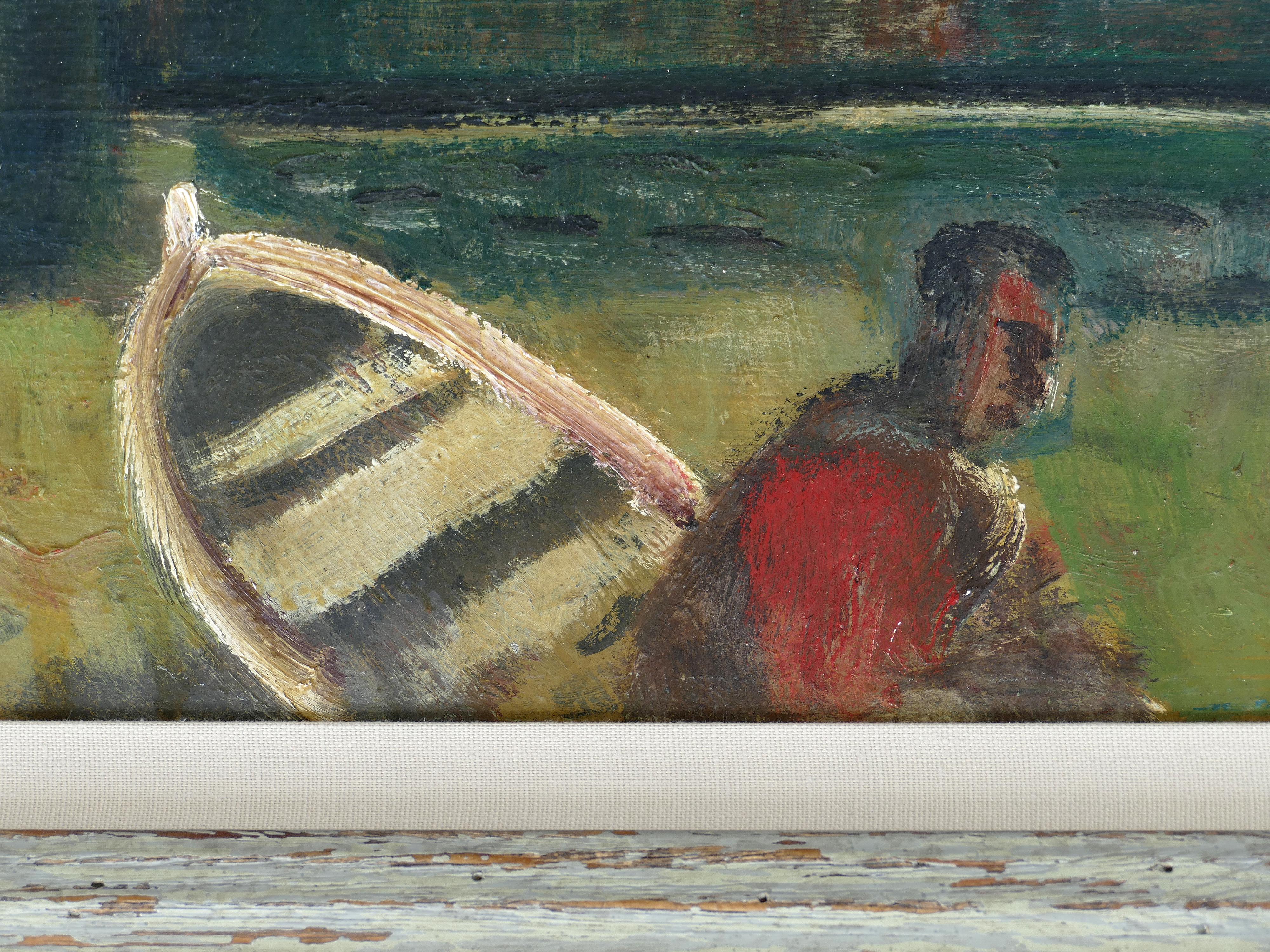 1960 WPA Style Fishing Boatyard Oil Painting In Good Condition In Miami, FL