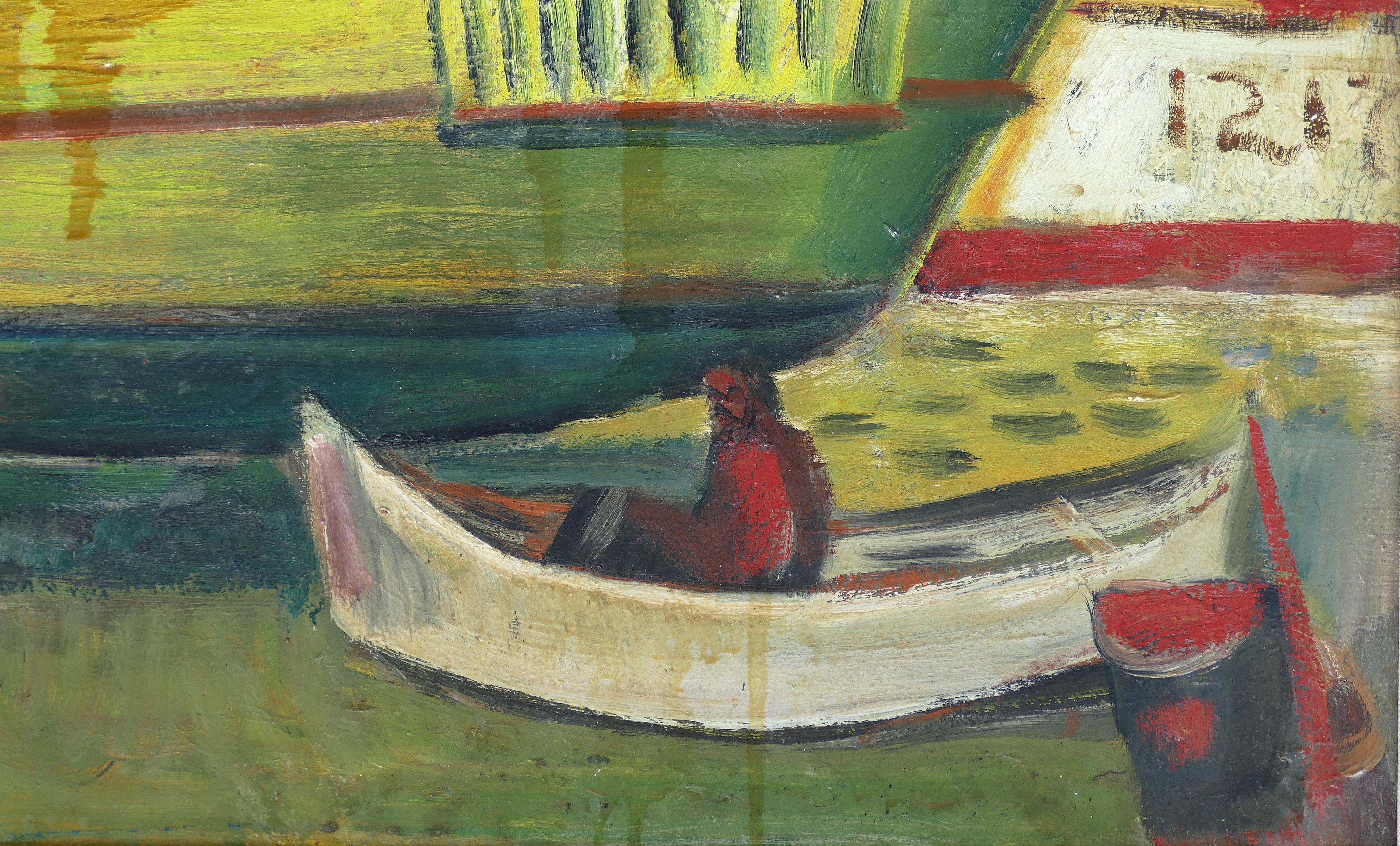 20th Century 1960 WPA Style Fishing Boatyard Oil Painting