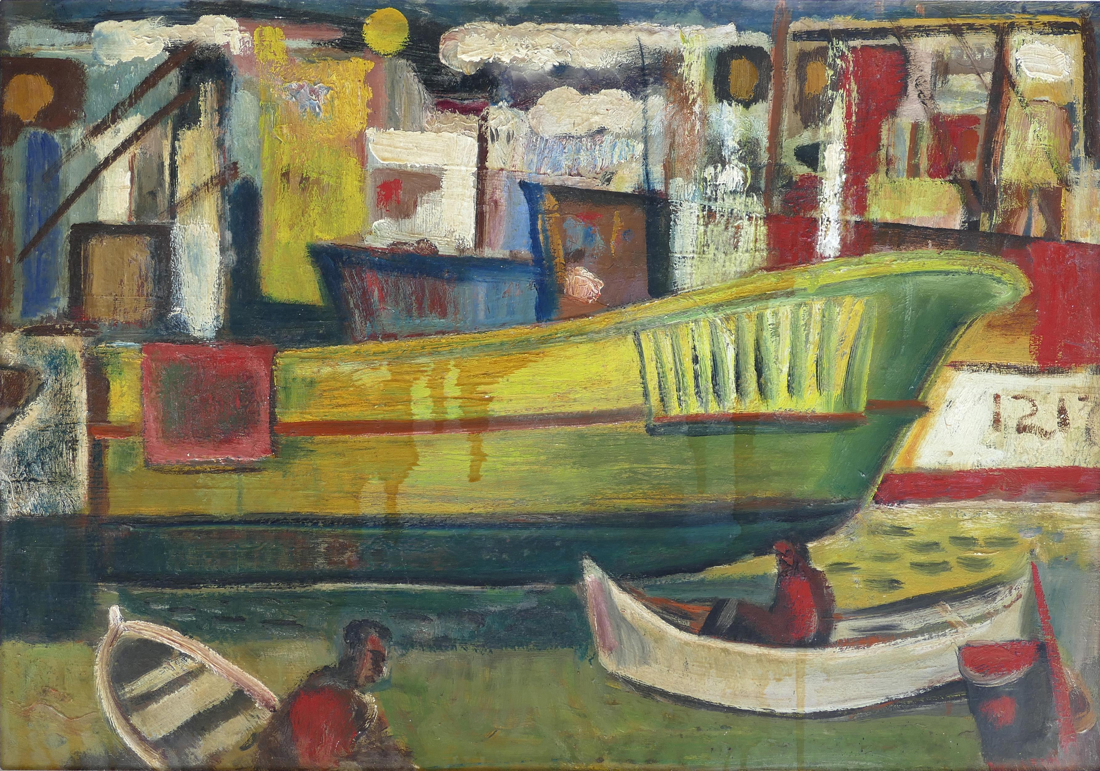 Wood 1960 WPA Style Fishing Boatyard Oil Painting