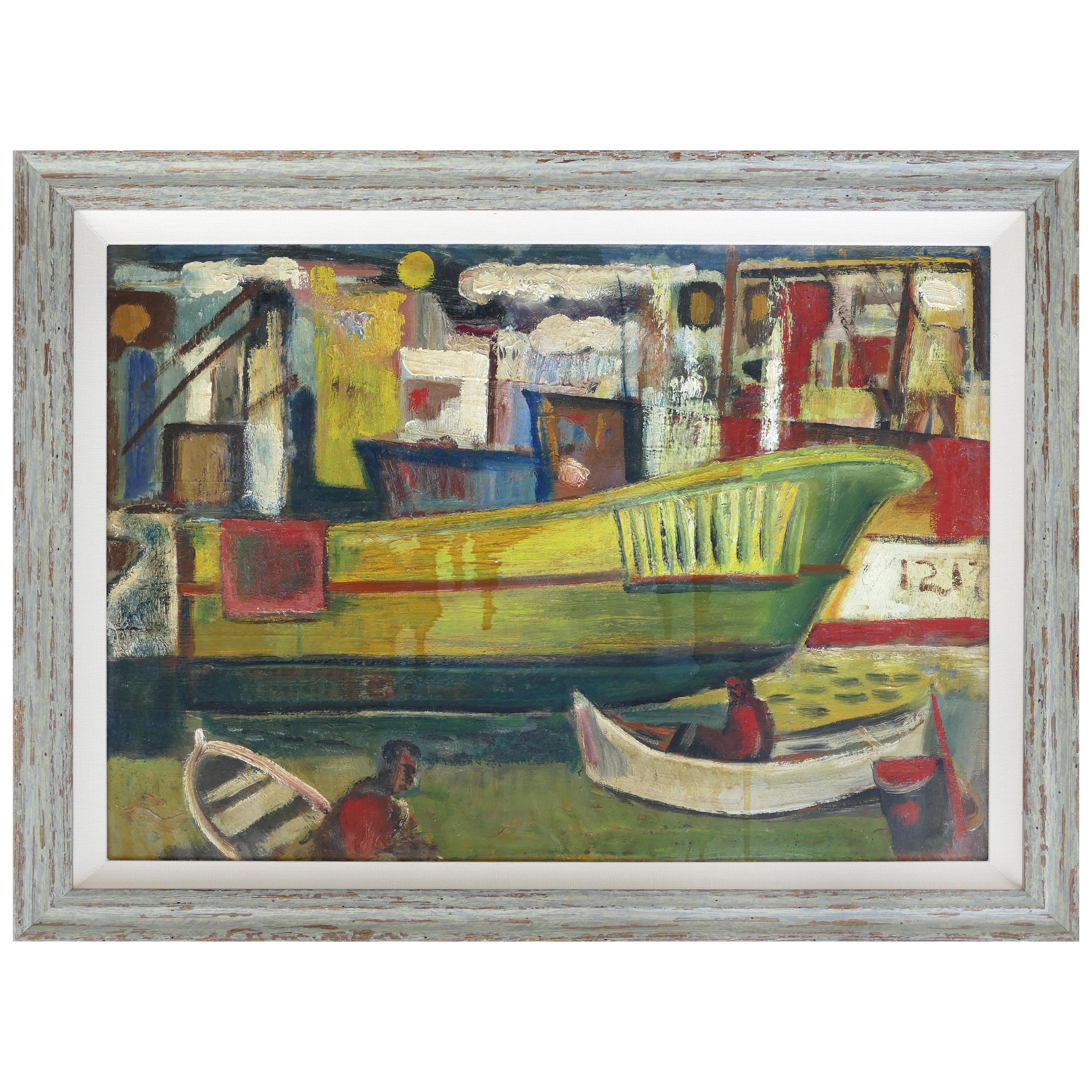 1960 WPA Style Fishing Boatyard Oil Painting