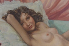 1960 Young Naked Woman Painting Signed Hilgers Olympia Nude Art Deco