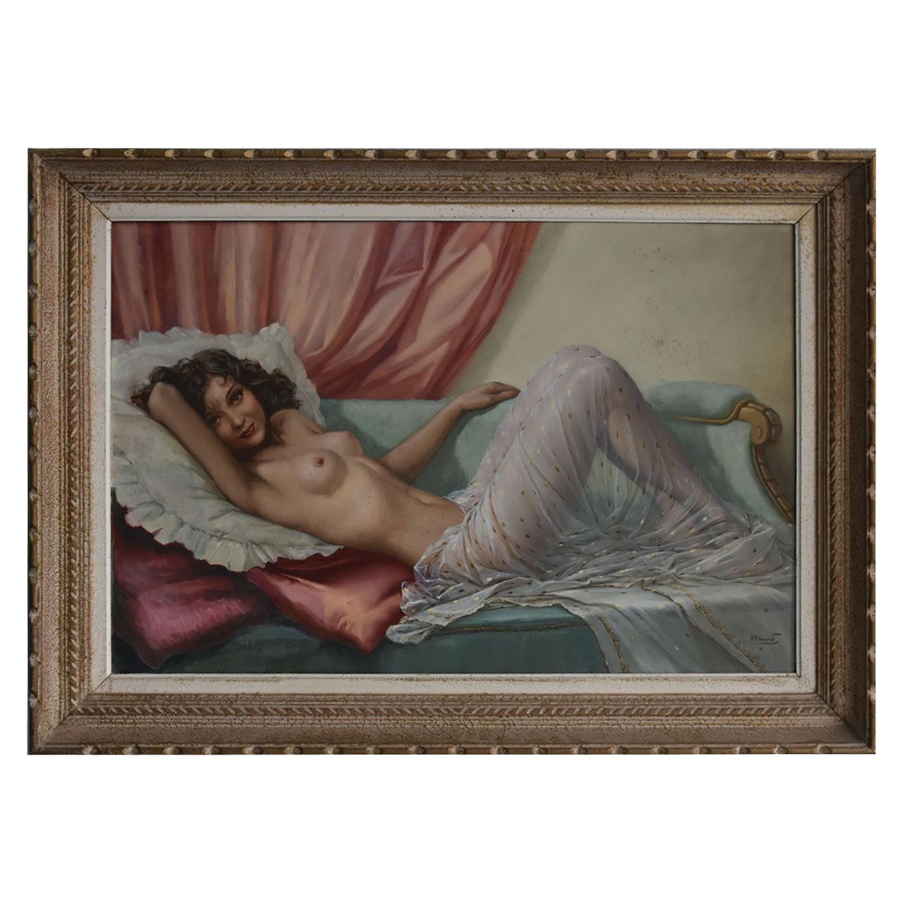 1960 Young Naked Woman Painting Signed Hilgers Olympia Nude Art Deco For Sale