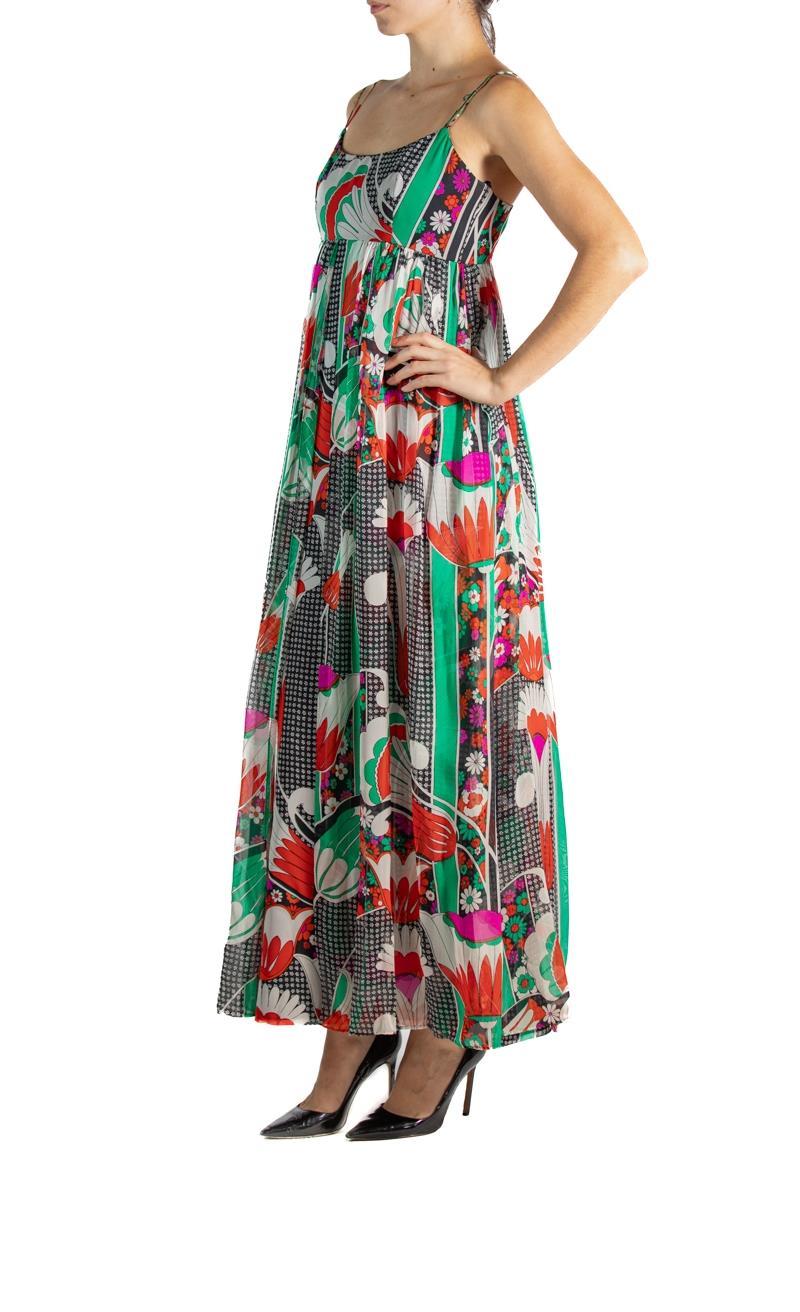 Brown 19601960S Green & Black Printed Silk Empire Waist  Dress For Sale