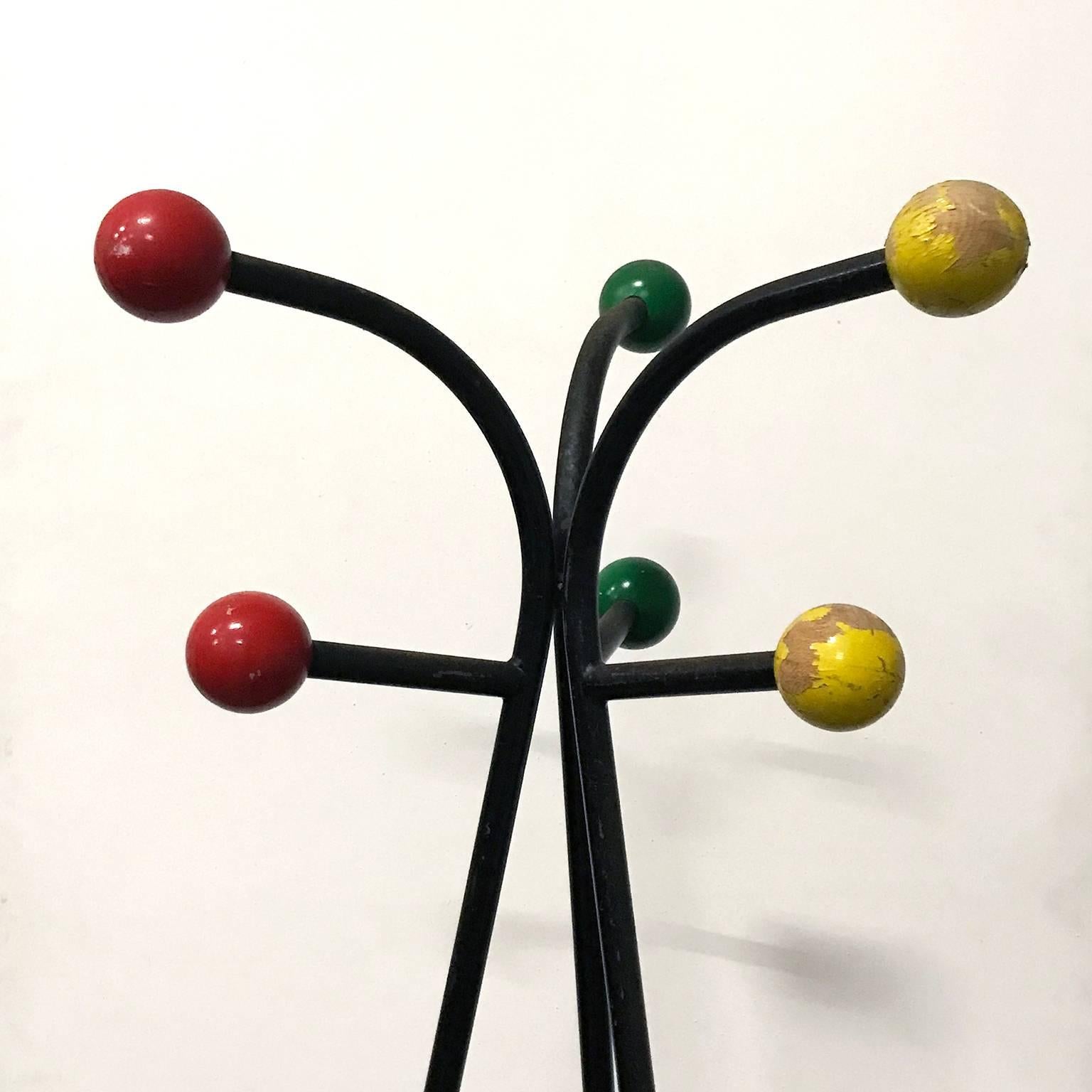 Mid-20th Century 1960, Original Rare French Standing Coat Hat Stand with Colored Balls For Sale