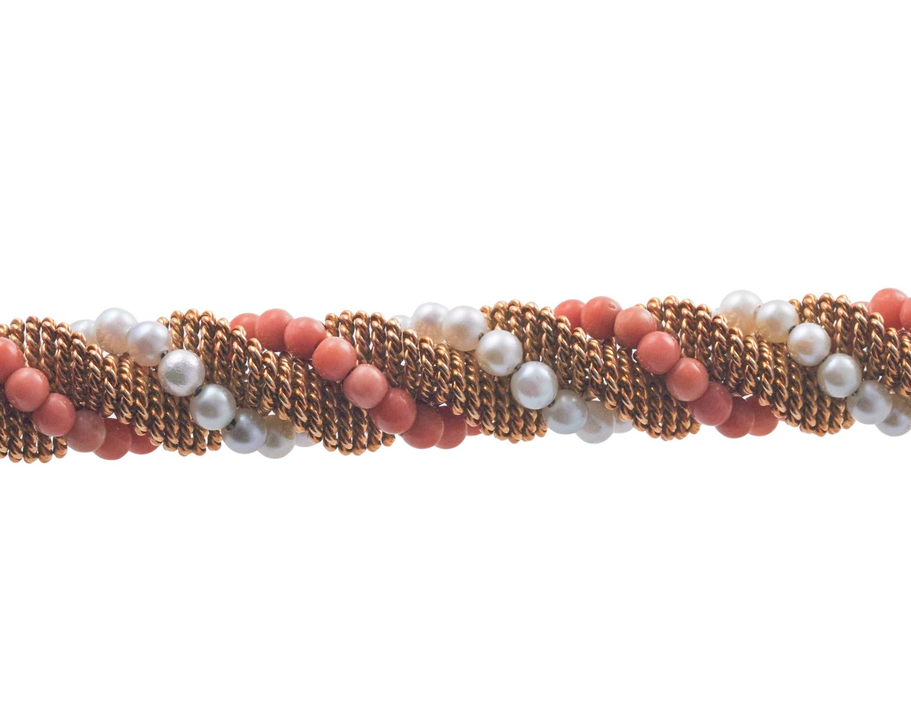 1960a Gold Pearl Coral Twisted Rope Bracelet For Sale 1