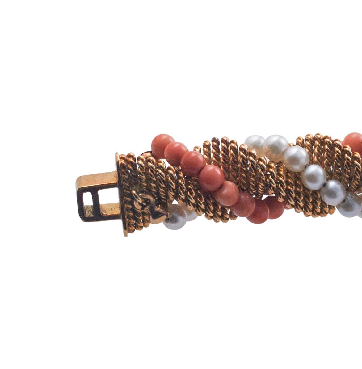 1960a Gold Pearl Coral Twisted Rope Bracelet For Sale 2