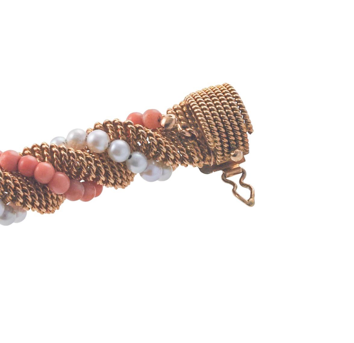 1960a Gold Pearl Coral Twisted Rope Bracelet For Sale 3