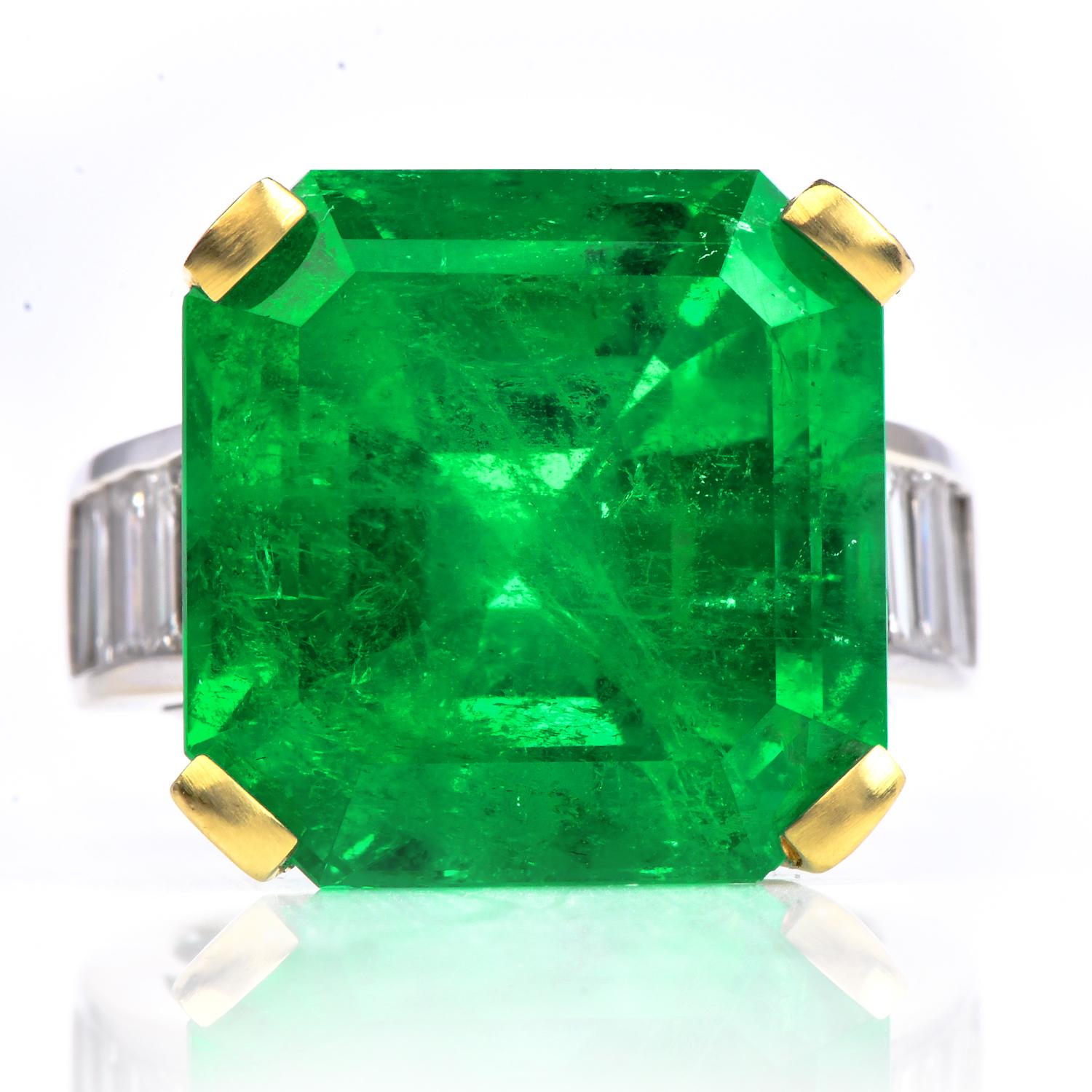 Treat yourself to this irresistibly stunning Diamond 8.64 carat Colombian Emerald 18K Gold Large Cocktail Ring! 

Crafted in platinum and 18K yellow and white gold, the center is Deep Green Rare Colombian Emerald of approximately 19.60 carats,