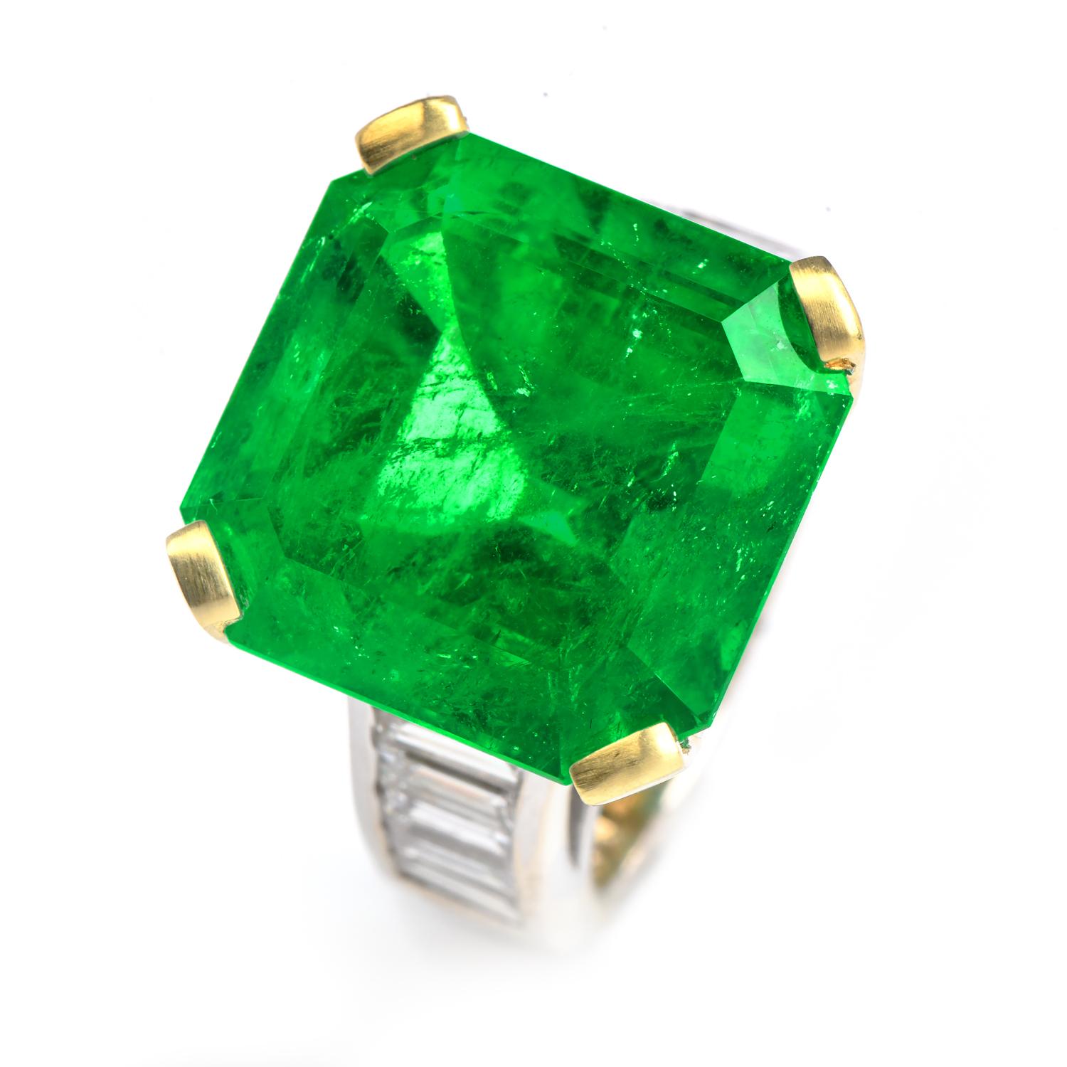 19.60cts AGL Square Colombian Emerald Diamond 18k Gold Ring For Sale 1