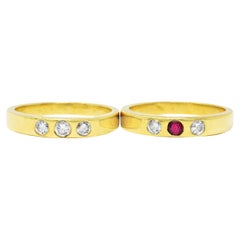 Retro 1960's 0.50 Carat Tiffany Ruby Diamond Three Stone Stacking Band Ring Set