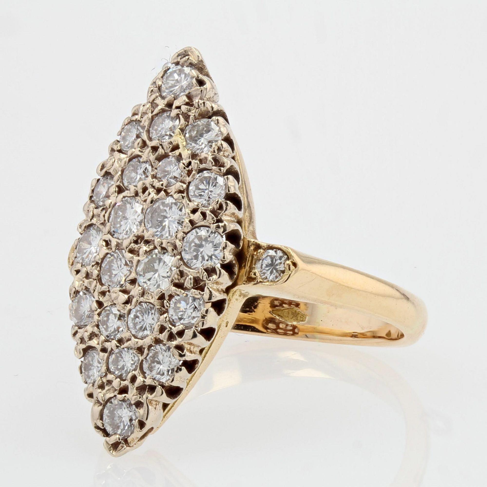Brilliant Cut 1960s 0.70 Carat Diamonds 18 Karat Yellow Gold Shuttle Shape Retro Ring For Sale