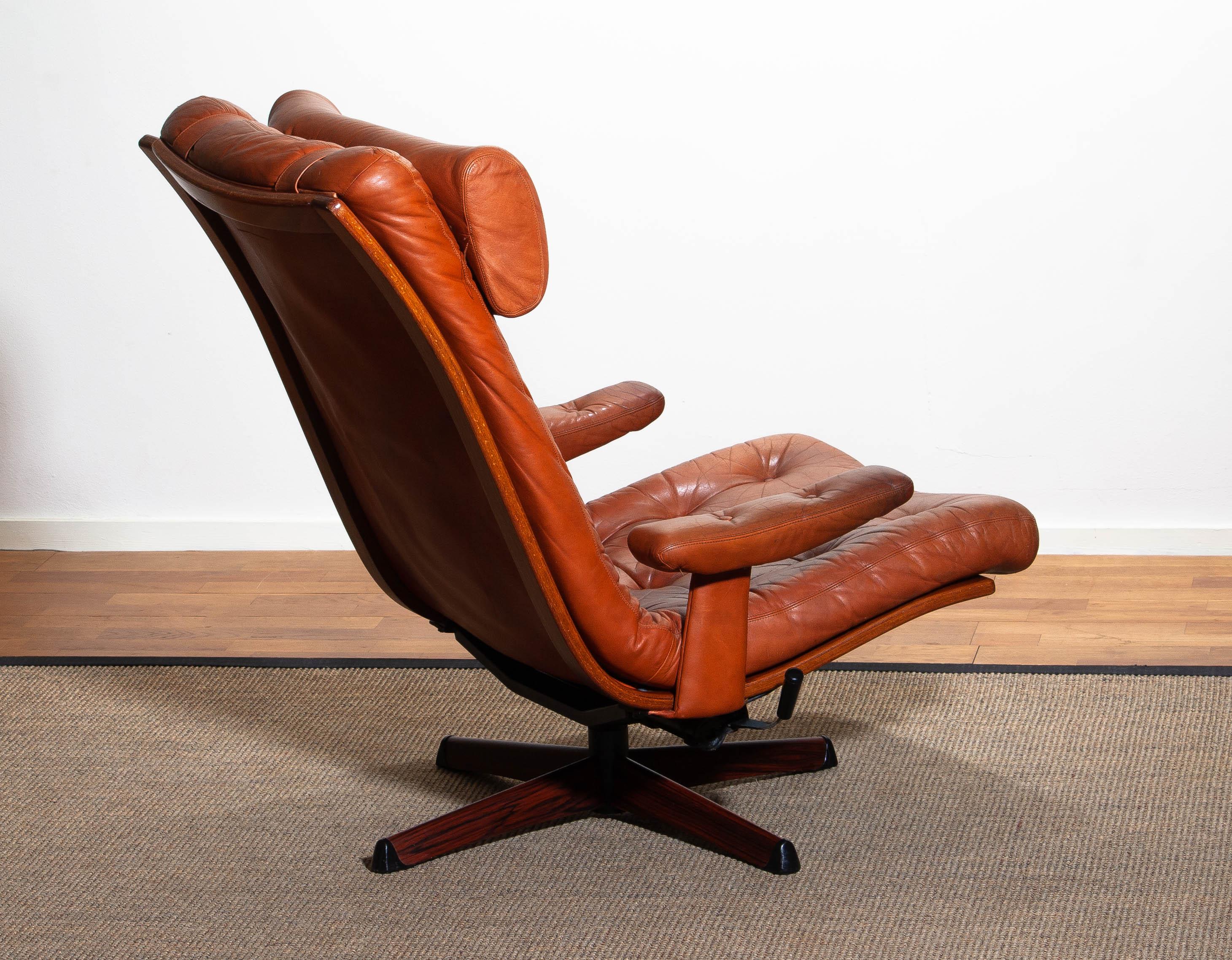 1960s, 1 Cognac Leather Swivel / Relax Lounge Easy Chair by Göte Design Nässjö 3