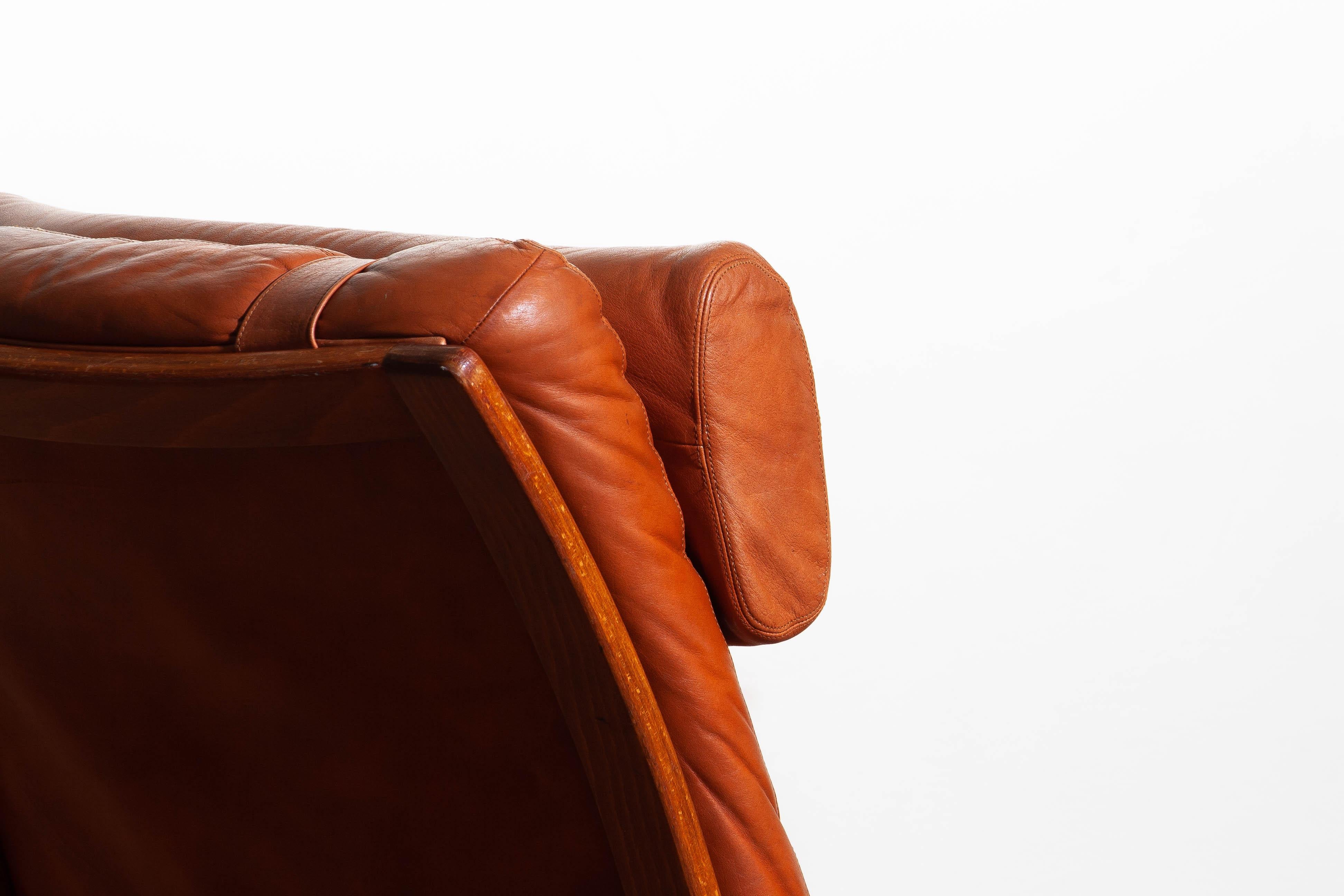 1960s, 1 Cognac Leather Swivel / Relax Lounge Easy Chair by Göte Design Nässjö 3